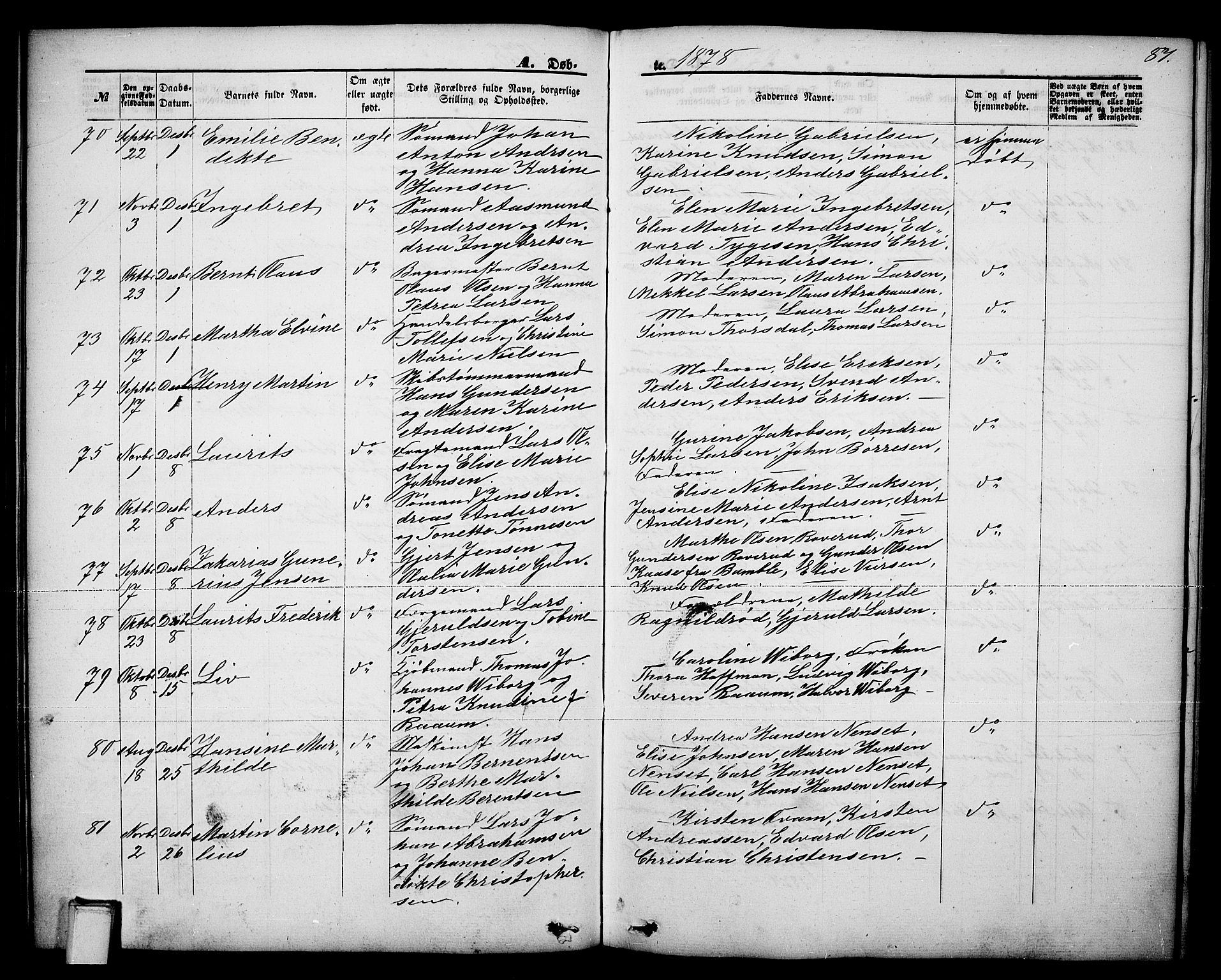 Brevik kirkebøker, AV/SAKO-A-255/G/Ga/L0003: Parish register (copy) no. 3, 1866-1881, p. 87