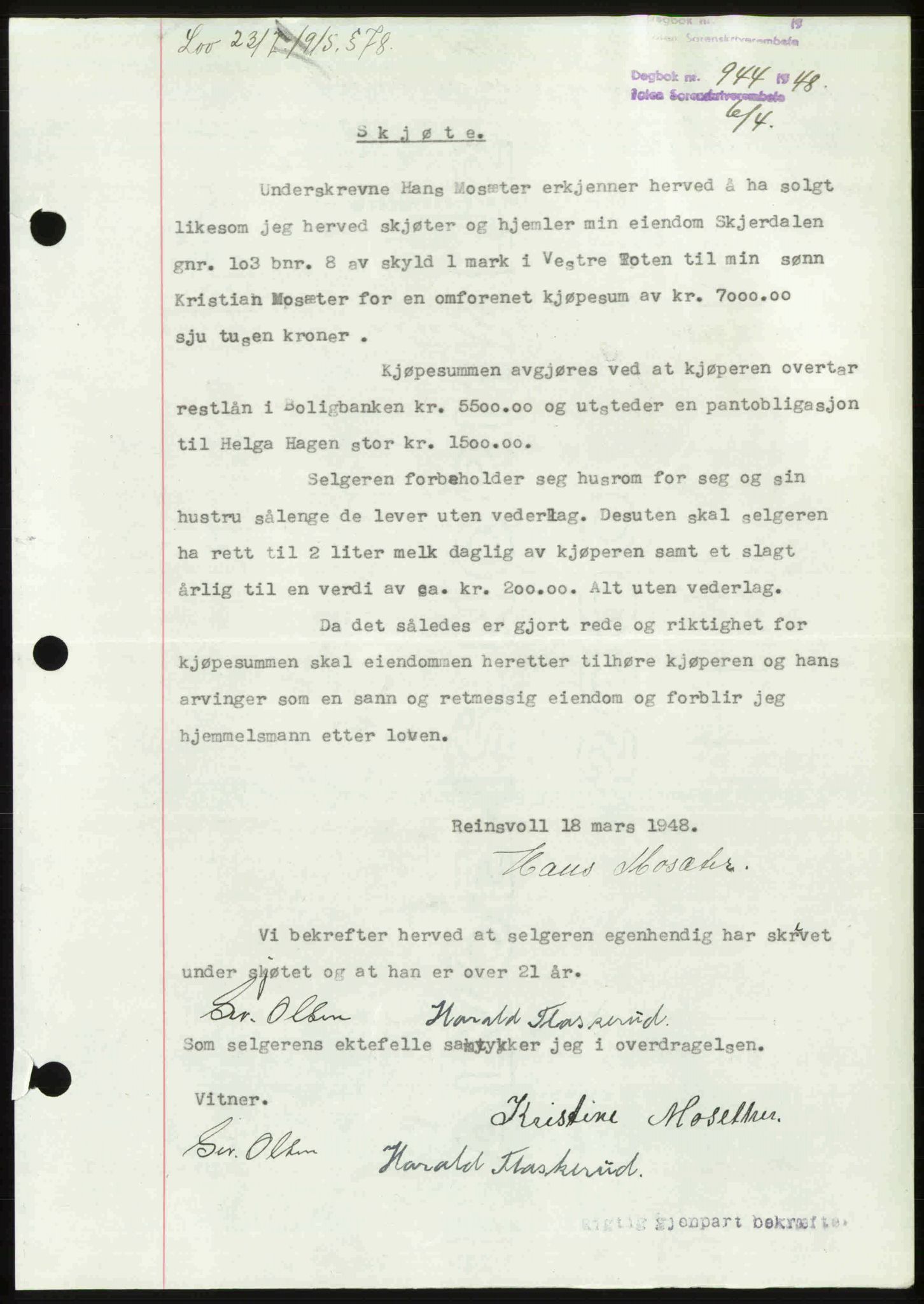 Toten tingrett, AV/SAH-TING-006/H/Hb/Hbc/L0019: Mortgage book no. Hbc-19, 1947-1948, Diary no: : 944/1948