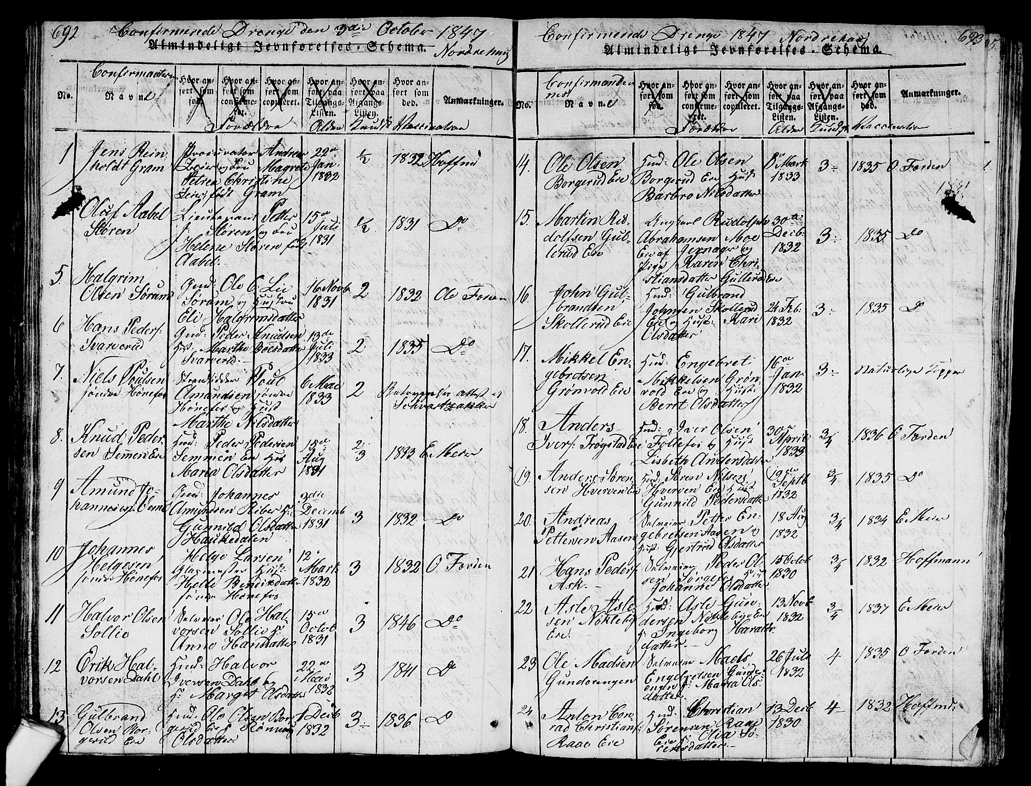 Norderhov kirkebøker, SAKO/A-237/G/Ga/L0003: Parish register (copy) no. I 3 /1, 1814-1876, p. 692-693