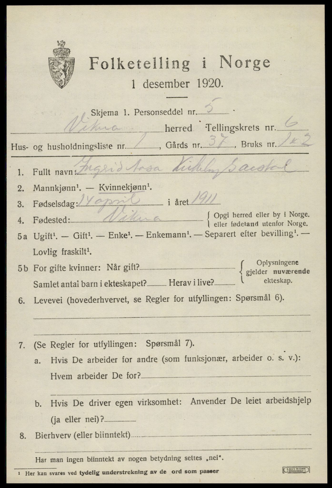 SAT, 1920 census for Vikna, 1920, p. 5005