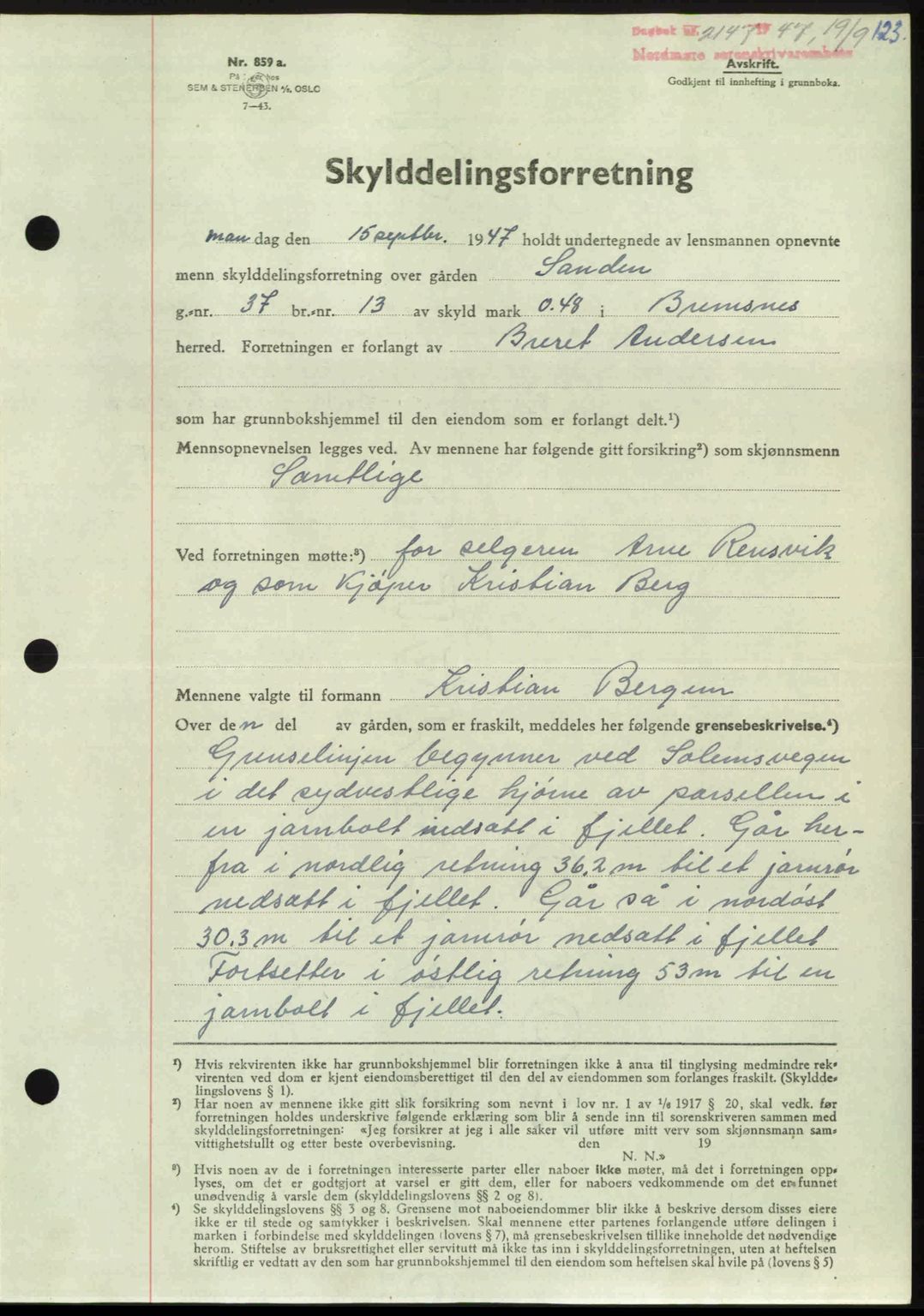 Nordmøre sorenskriveri, AV/SAT-A-4132/1/2/2Ca: Mortgage book no. A106, 1947-1947, Diary no: : 2147/1947