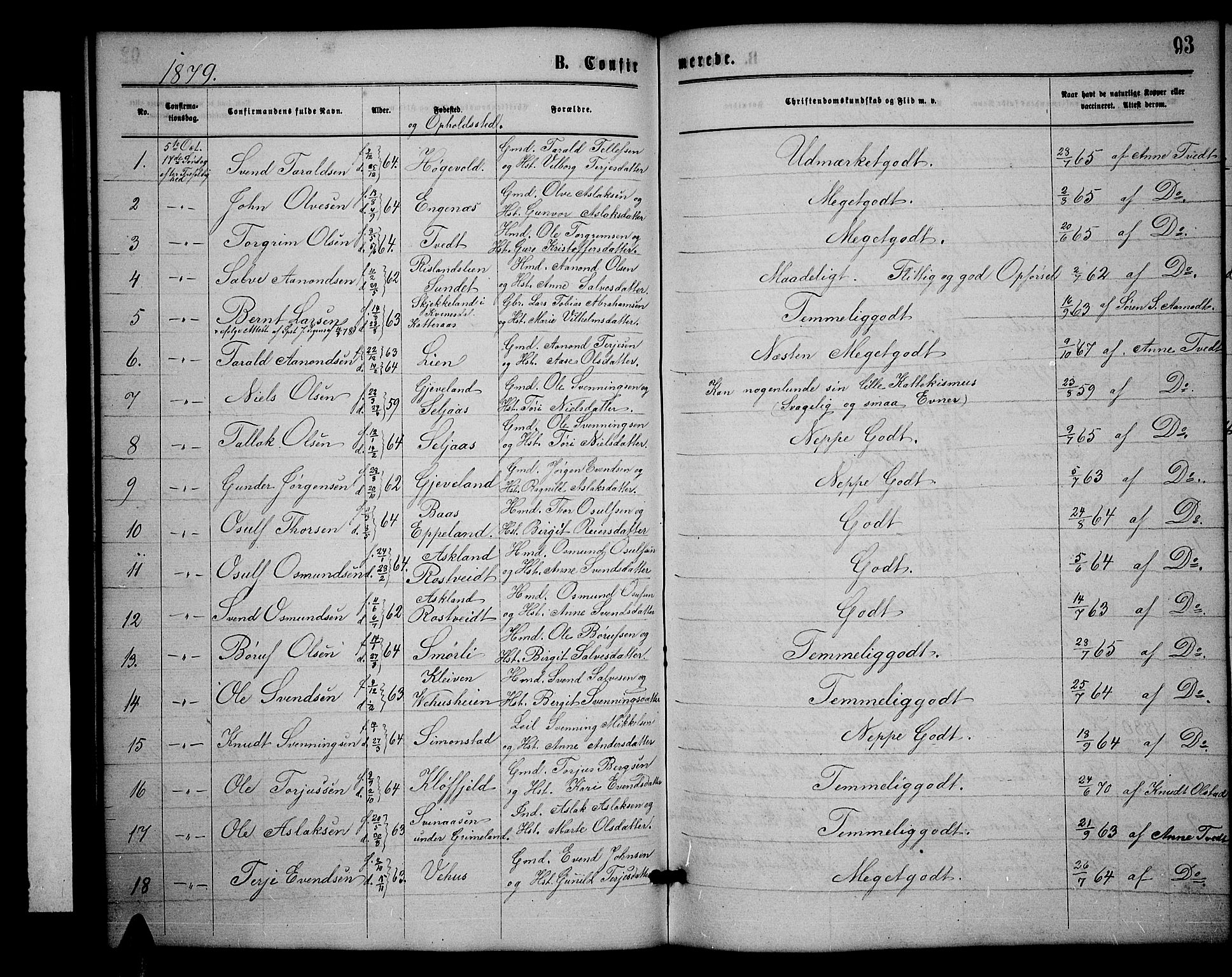 Åmli sokneprestkontor, SAK/1111-0050/F/Fb/Fbc/L0003: Parish register (copy) no. B 3, 1868-1888, p. 93