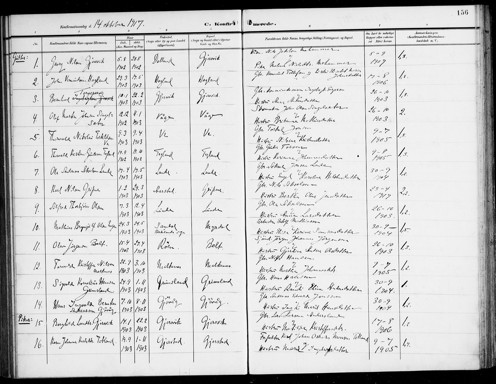 Tysnes sokneprestembete, SAB/A-78601/H/Haa: Parish register (official) no. B 2, 1907-1925, p. 156