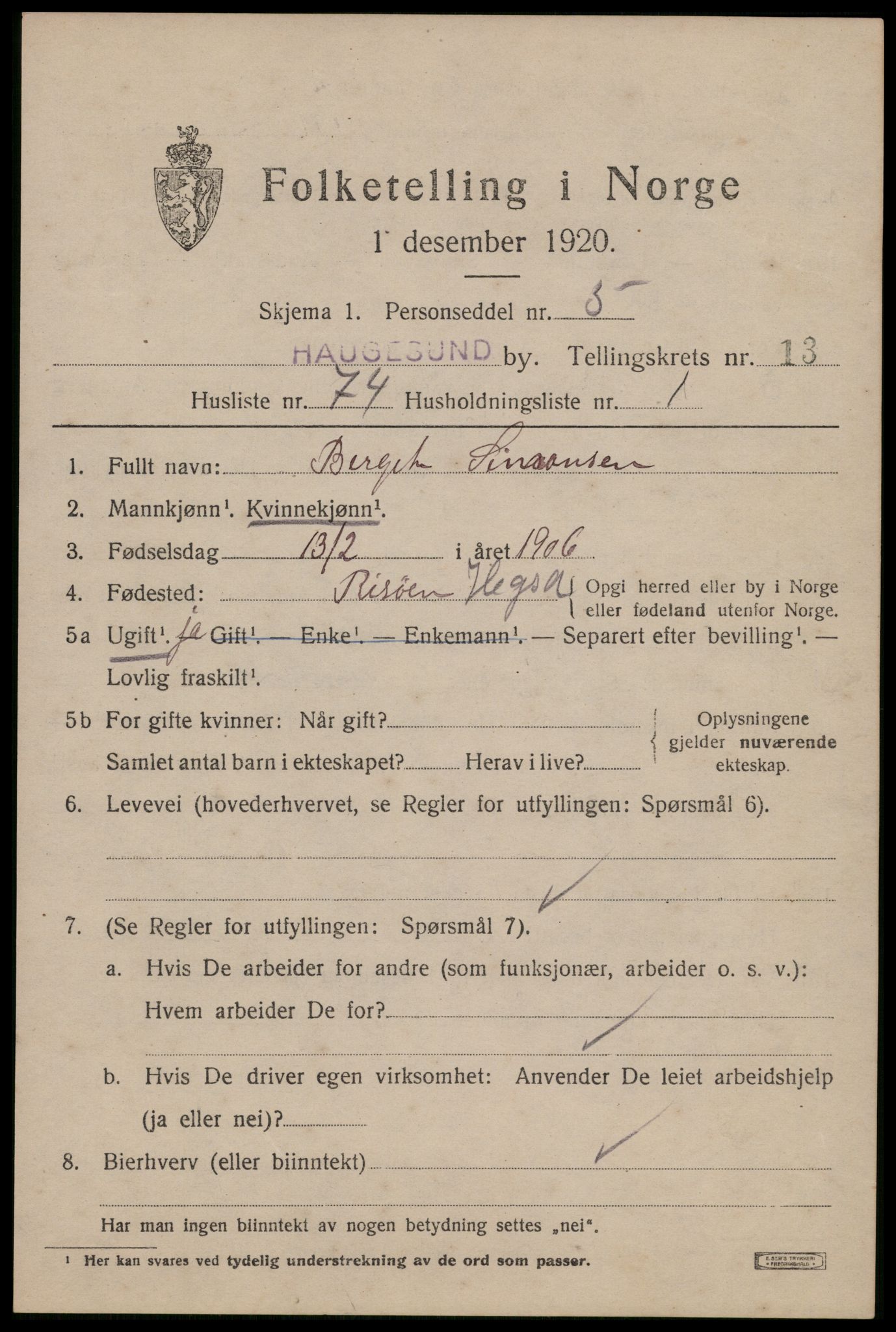 SAST, 1920 census for Haugesund, 1920, p. 42827