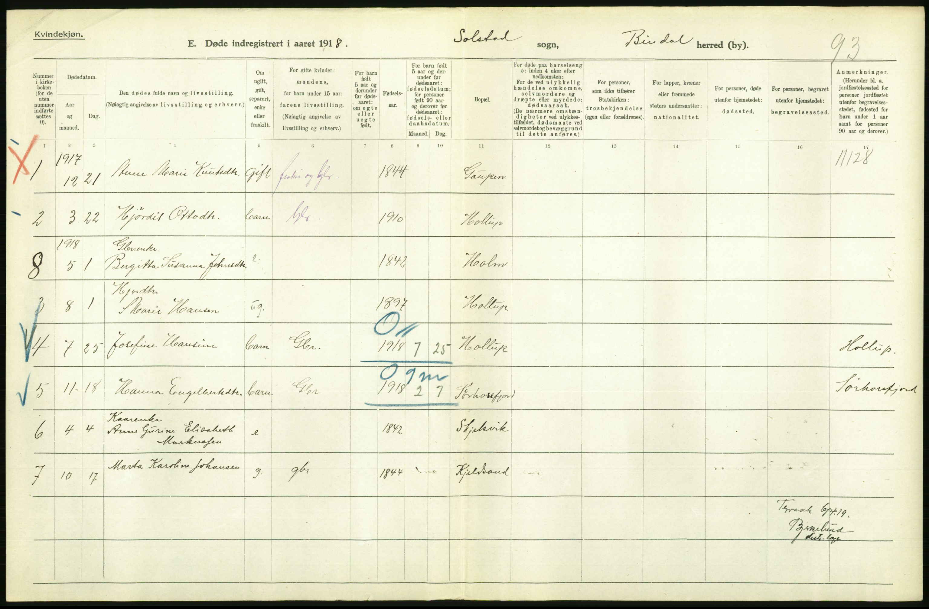 Statistisk sentralbyrå, Sosiodemografiske emner, Befolkning, RA/S-2228/D/Df/Dfb/Dfbh/L0055: Nordland fylke: Døde. Bygder og byer., 1918, p. 178