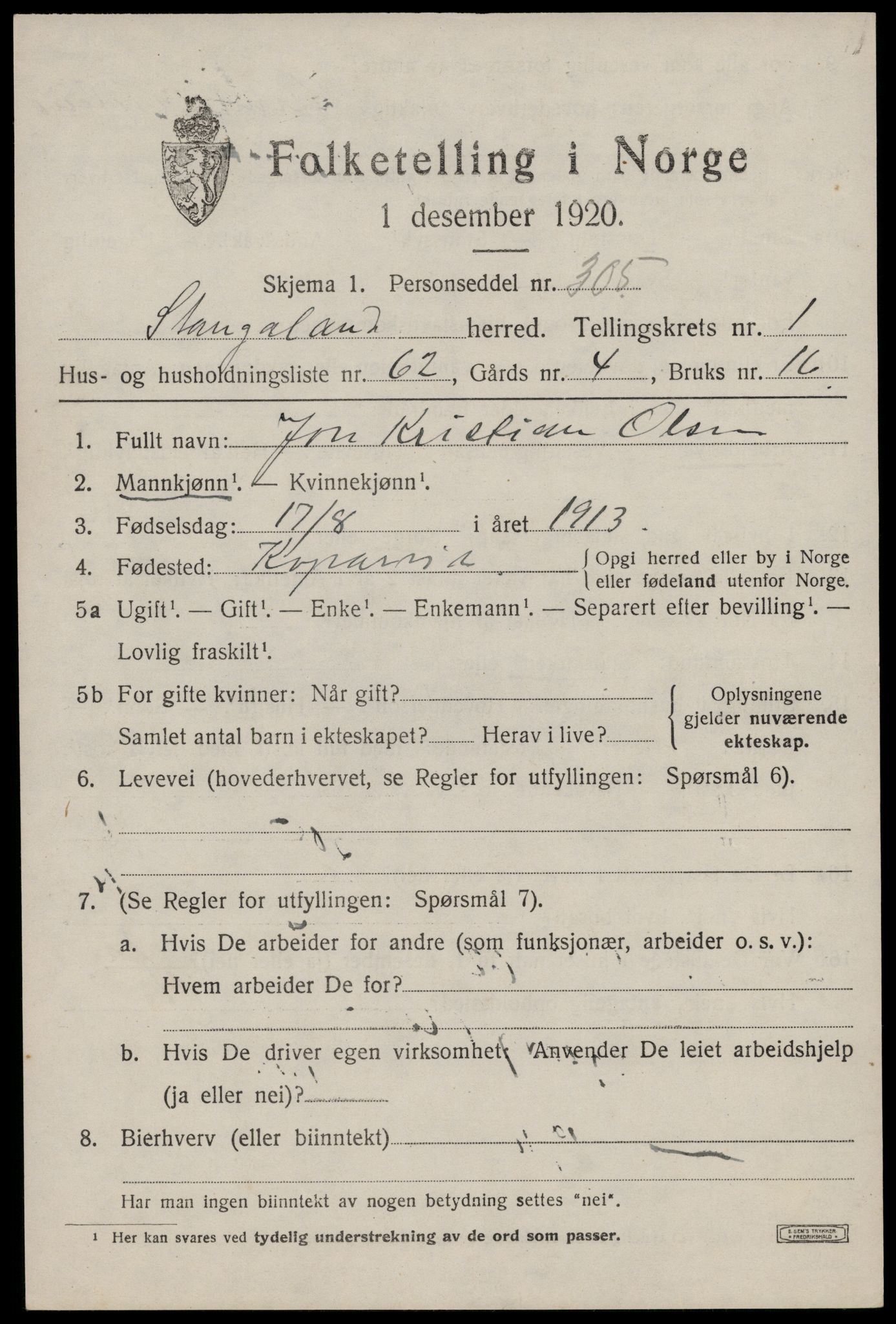 SAST, 1920 census for Stangaland, 1920, p. 1193