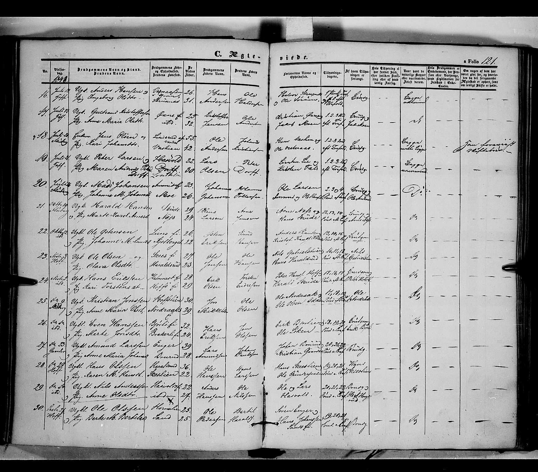 Land prestekontor, AV/SAH-PREST-120/H/Ha/Haa/L0009: Parish register (official) no. 9, 1847-1859, p. 121