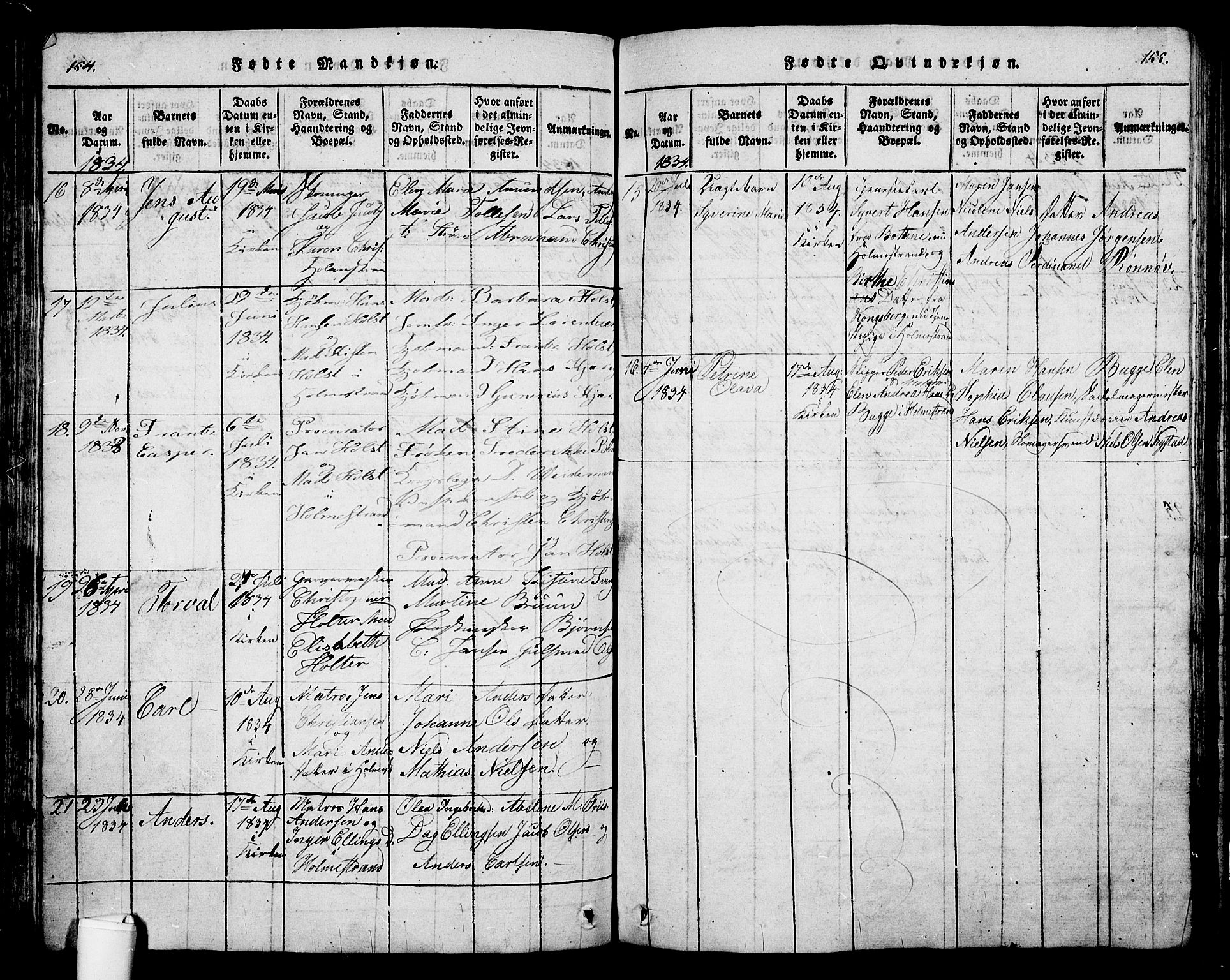 Holmestrand kirkebøker, SAKO/A-346/G/Ga/L0001: Parish register (copy) no. 1, 1814-1848, p. 154-155