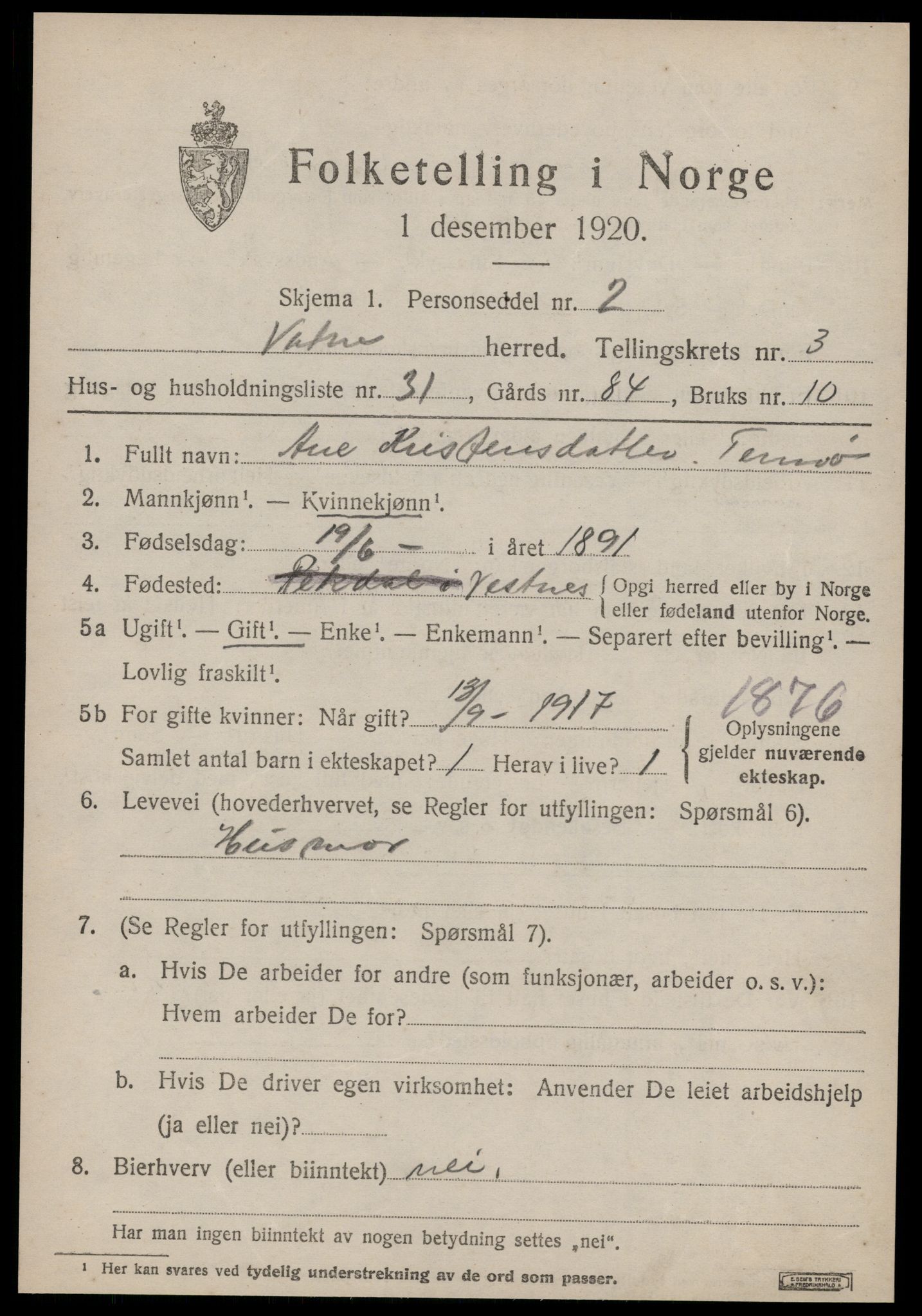 SAT, 1920 census for Vatne, 1920, p. 1772