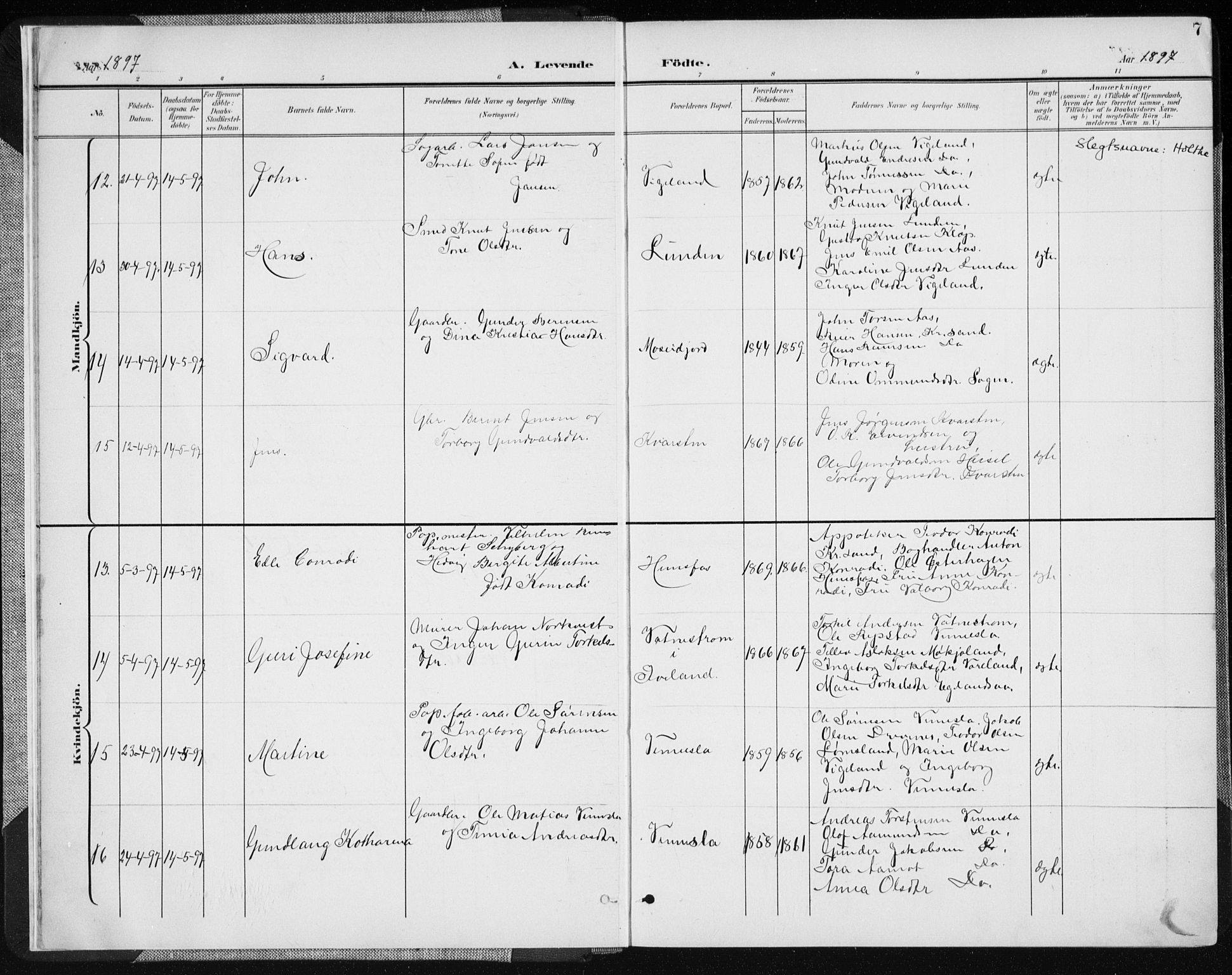 Vennesla sokneprestkontor, AV/SAK-1111-0045/Fa/Fab/L0005: Parish register (official) no. A 5, 1897-1909, p. 7