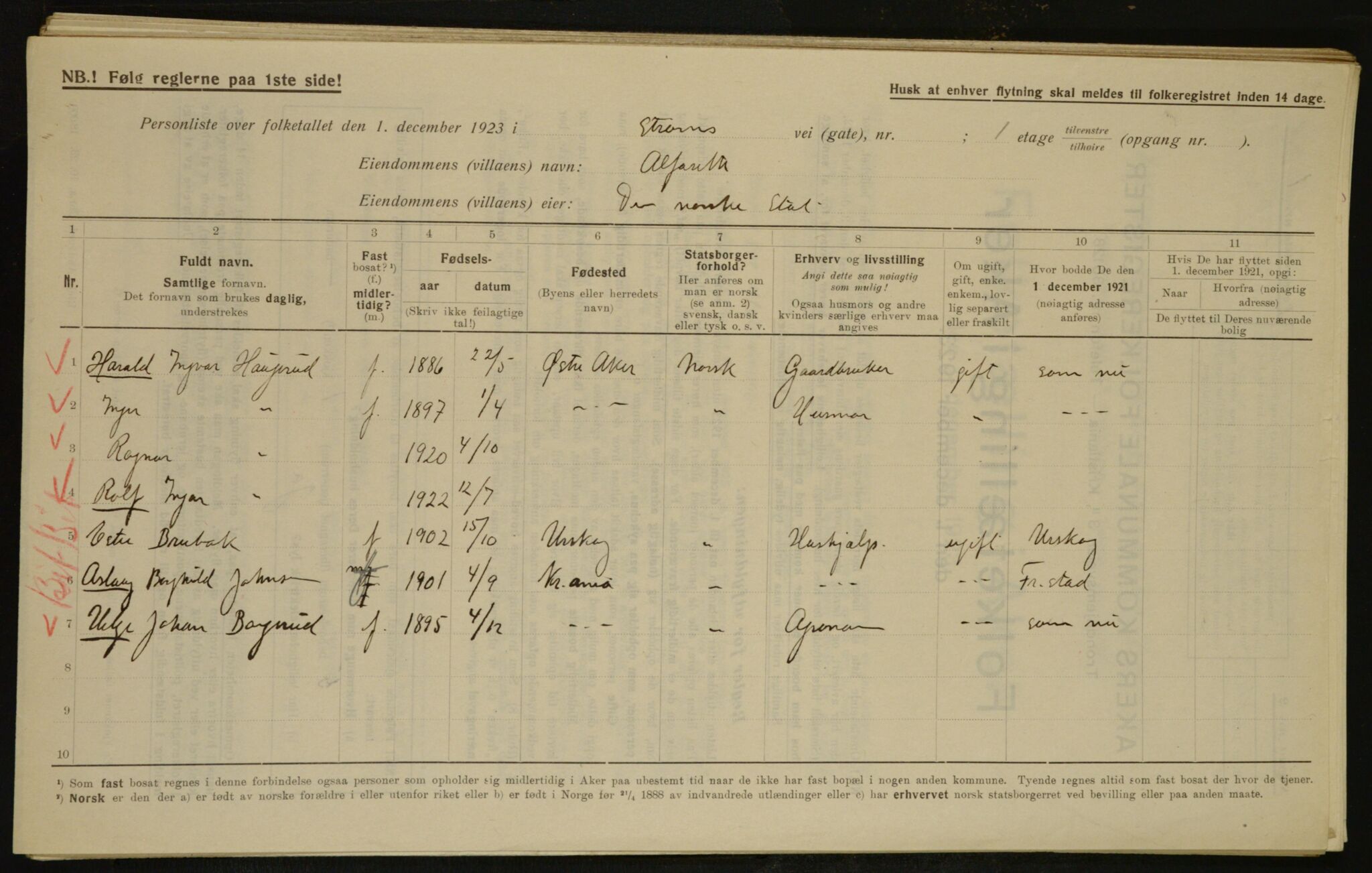 , Municipal Census 1923 for Aker, 1923, p. 31697