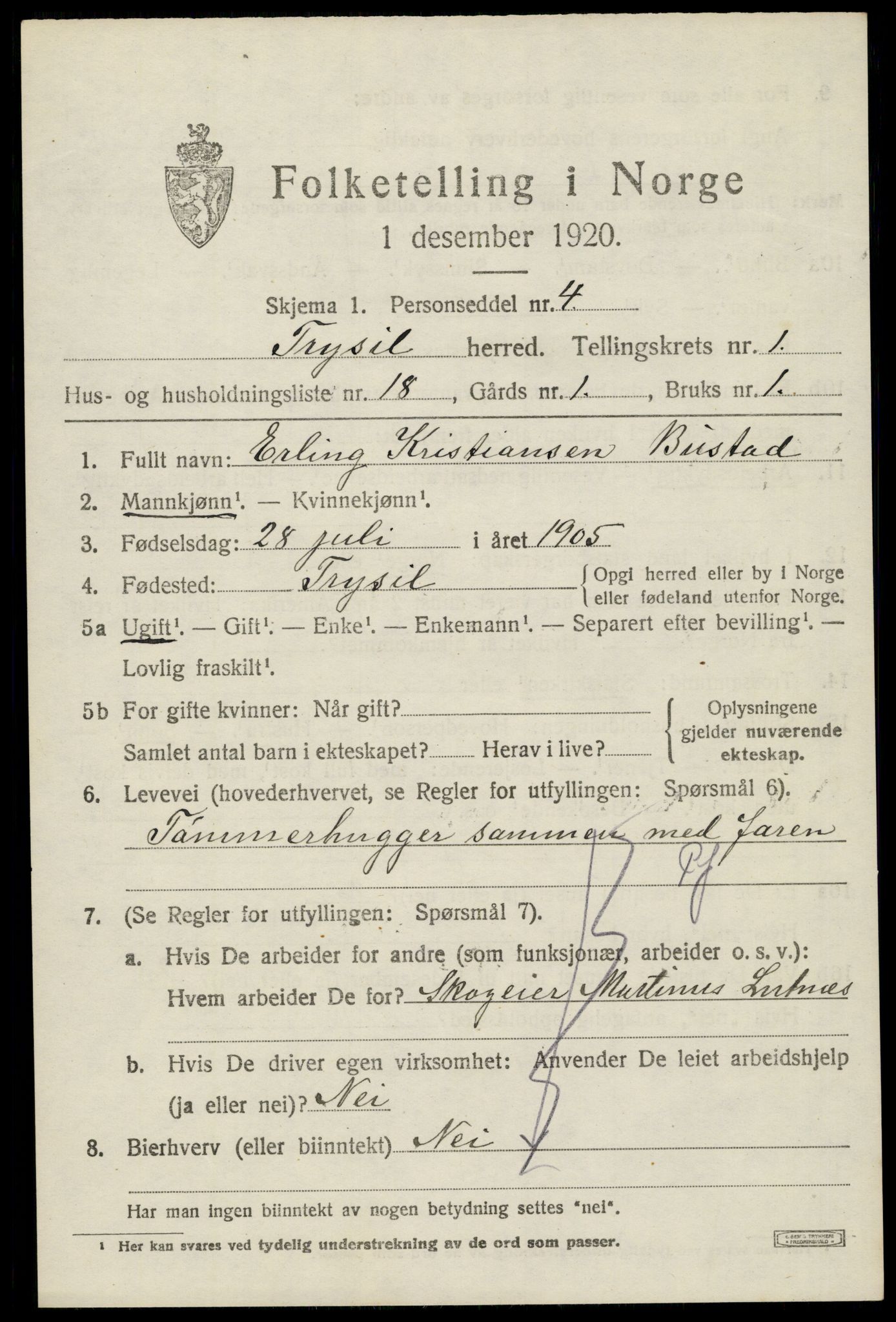 SAH, 1920 census for Trysil, 1920, p. 2767