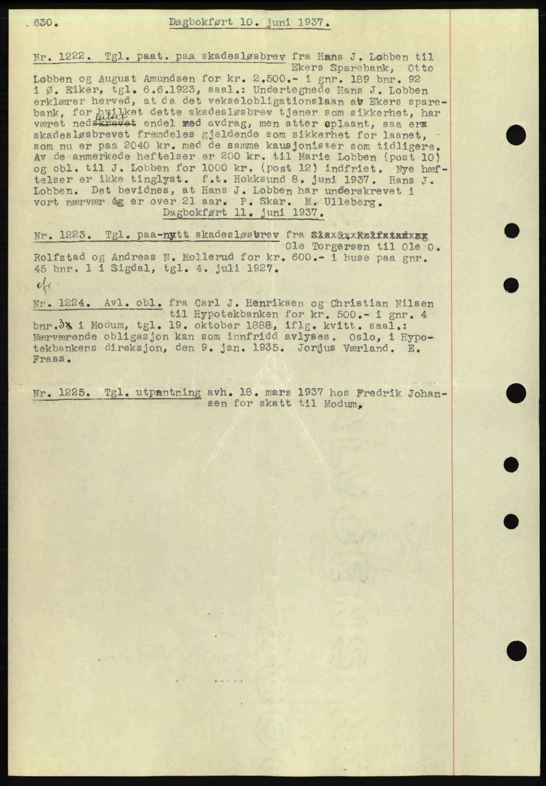 Eiker, Modum og Sigdal sorenskriveri, SAKO/A-123/G/Ga/Gab/L0035: Mortgage book no. A5, 1937-1937, Diary no: : 1222/1937