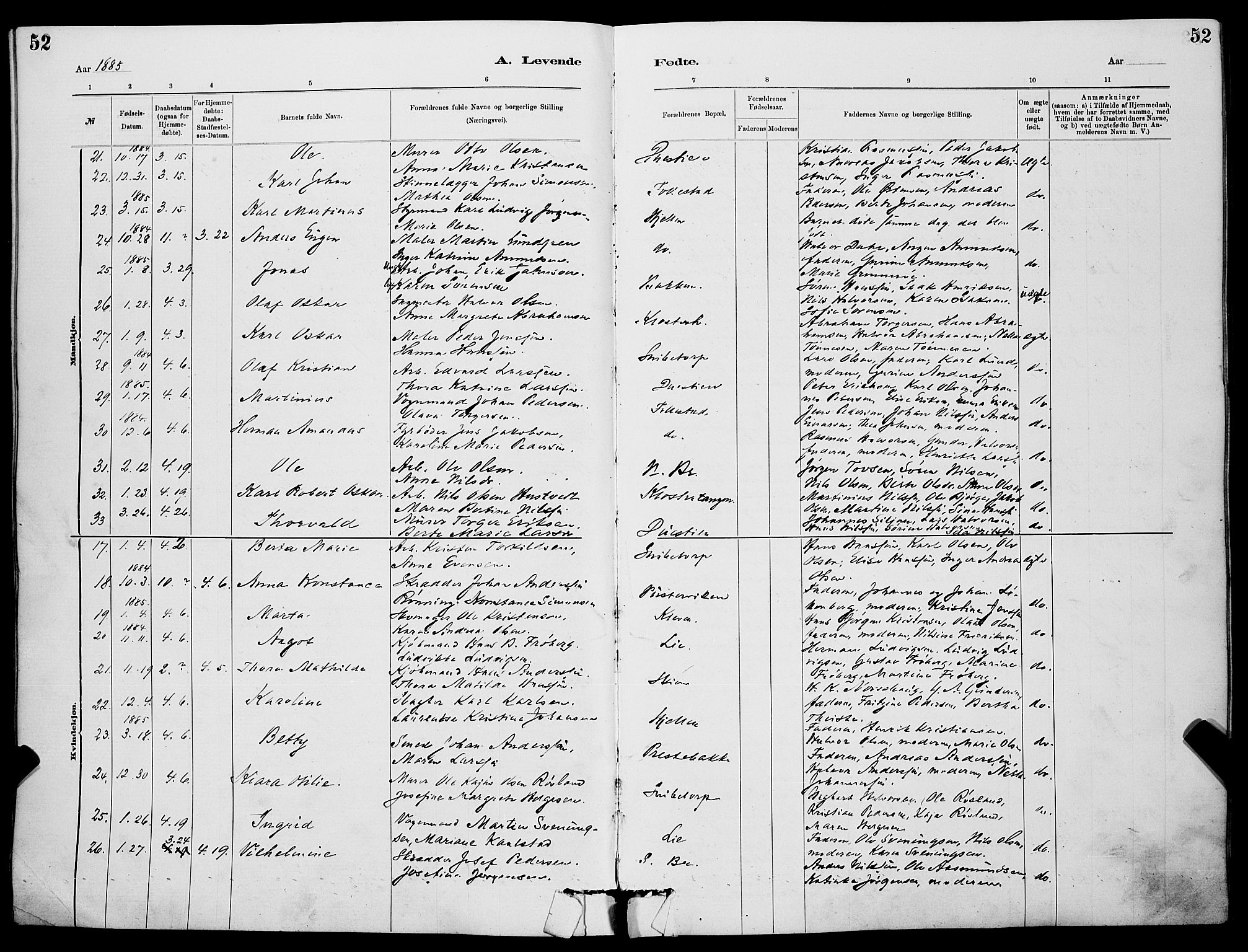 Skien kirkebøker, AV/SAKO-A-302/G/Ga/L0006: Parish register (copy) no. 6, 1881-1890, p. 52