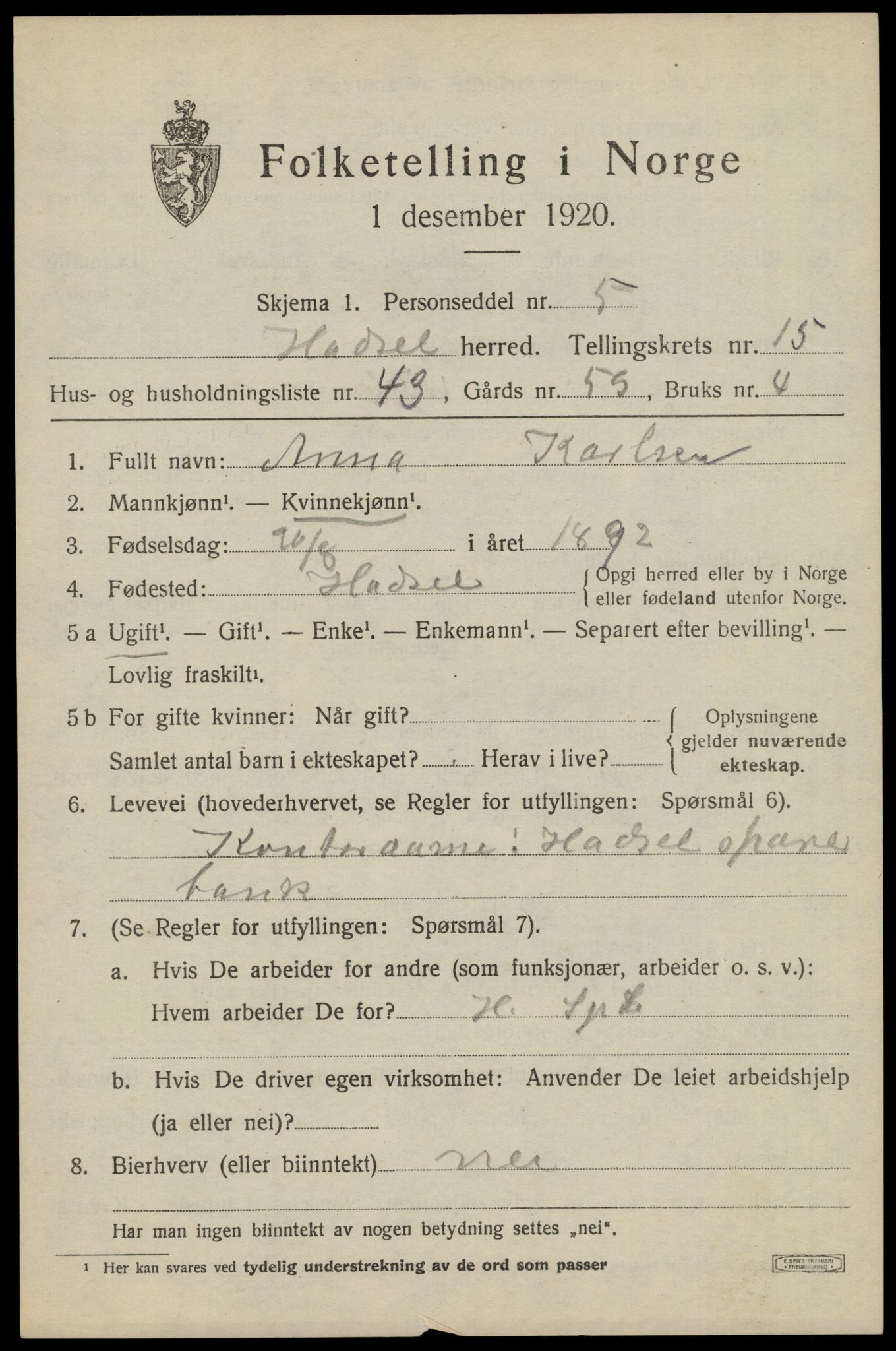 SAT, 1920 census for Hadsel, 1920, p. 13482