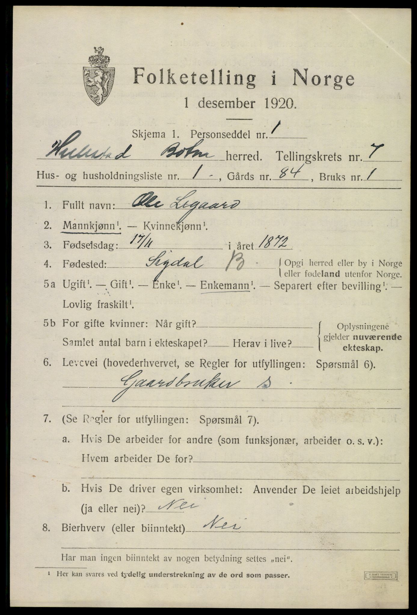 SAKO, 1920 census for Botne, 1920, p. 5717