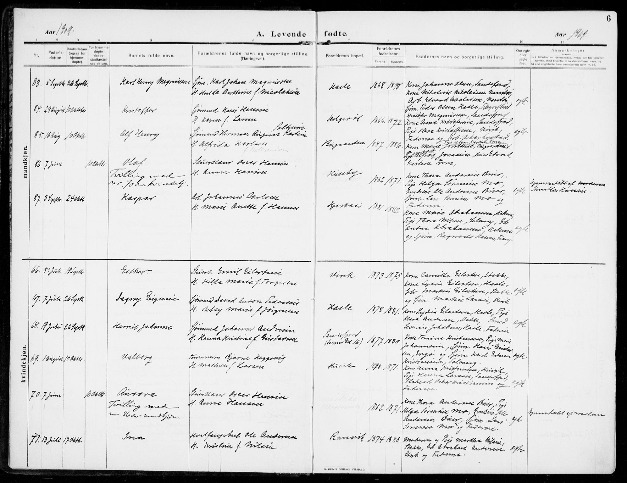 Sandar kirkebøker, AV/SAKO-A-243/F/Fa/L0016: Parish register (official) no. 16, 1909-1919, p. 6