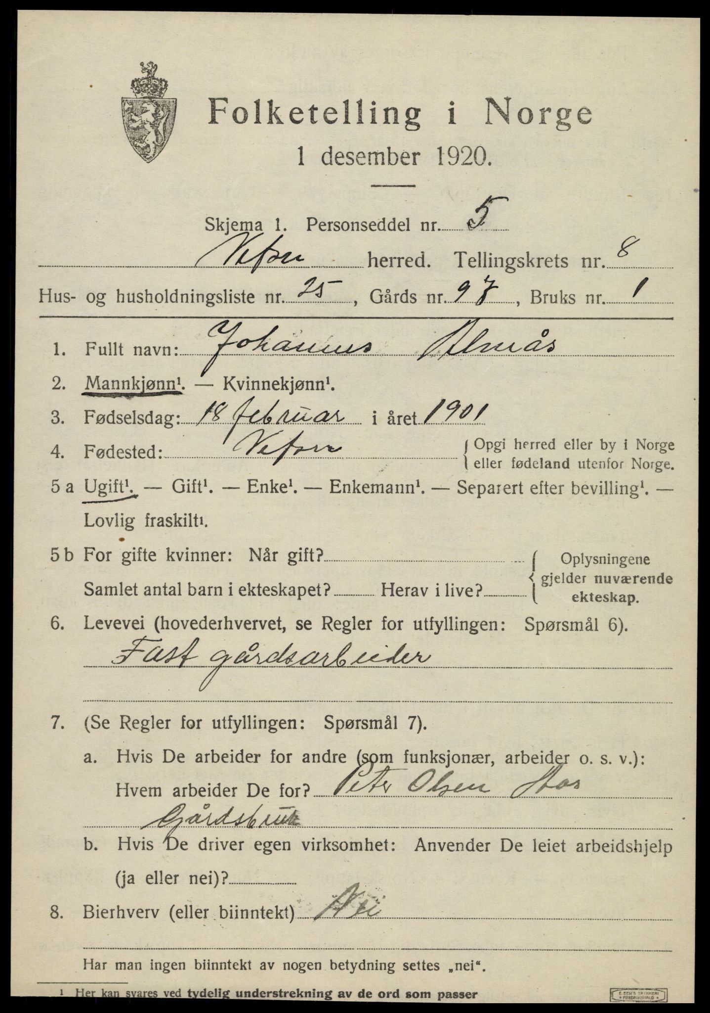 SAT, 1920 census for Vefsn, 1920, p. 5667