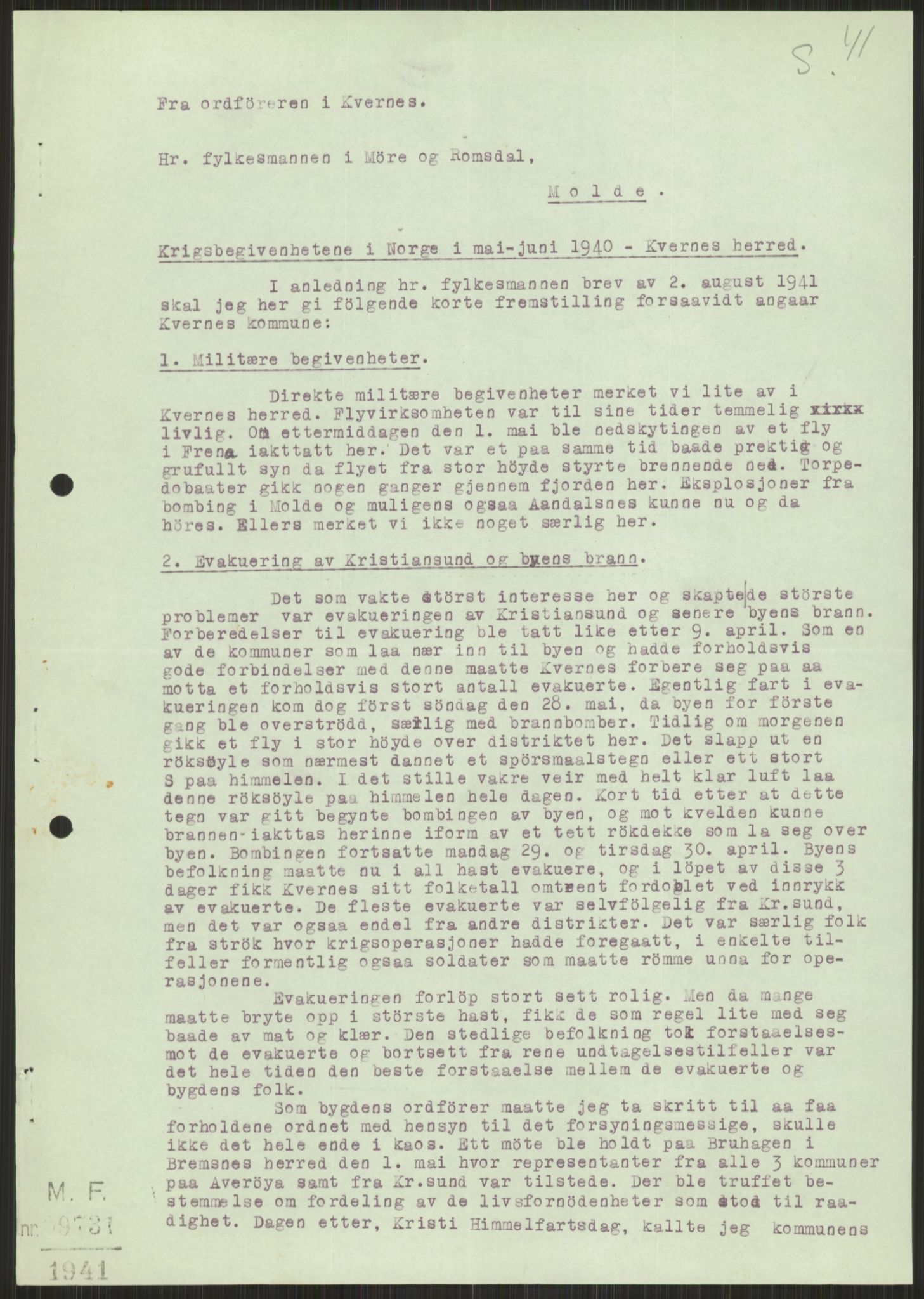 Forsvaret, Forsvarets krigshistoriske avdeling, AV/RA-RAFA-2017/Y/Ya/L0015: II-C-11-31 - Fylkesmenn.  Rapporter om krigsbegivenhetene 1940., 1940, p. 694