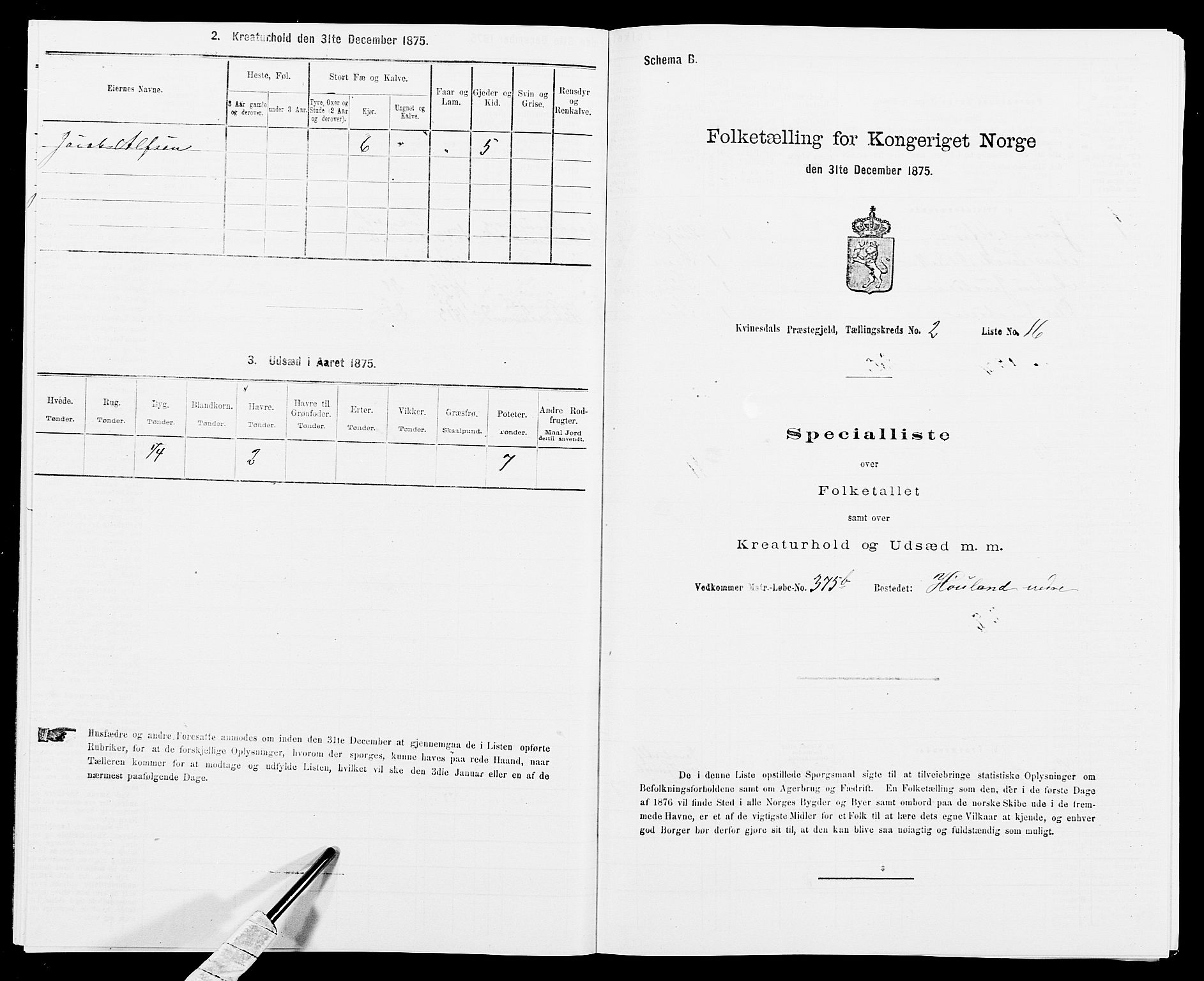 SAK, 1875 census for 1037P Kvinesdal, 1875, p. 303