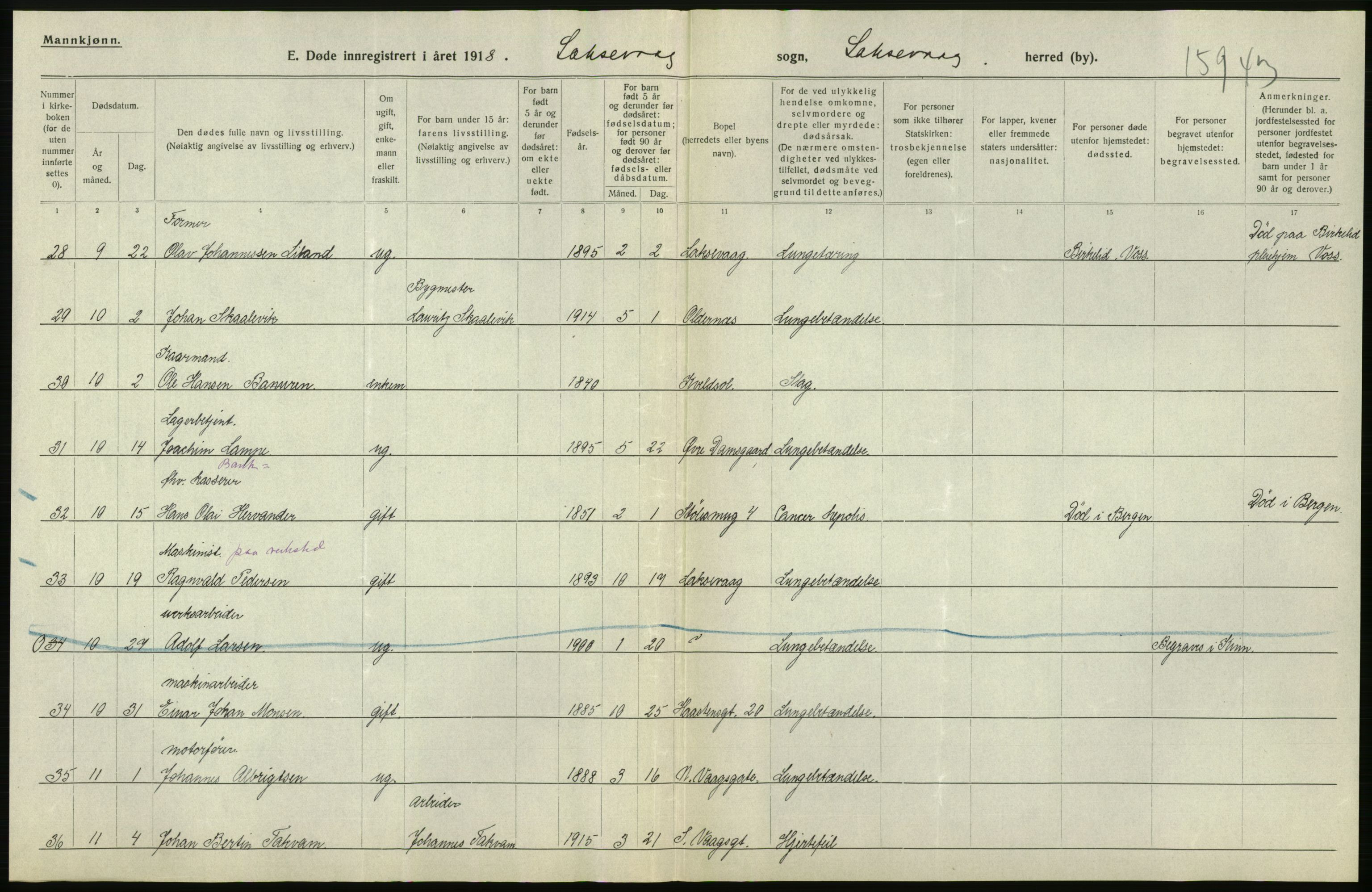 Statistisk sentralbyrå, Sosiodemografiske emner, Befolkning, RA/S-2228/D/Df/Dfb/Dfbh/L0036: Hordaland fylke: Døde., 1918, p. 198