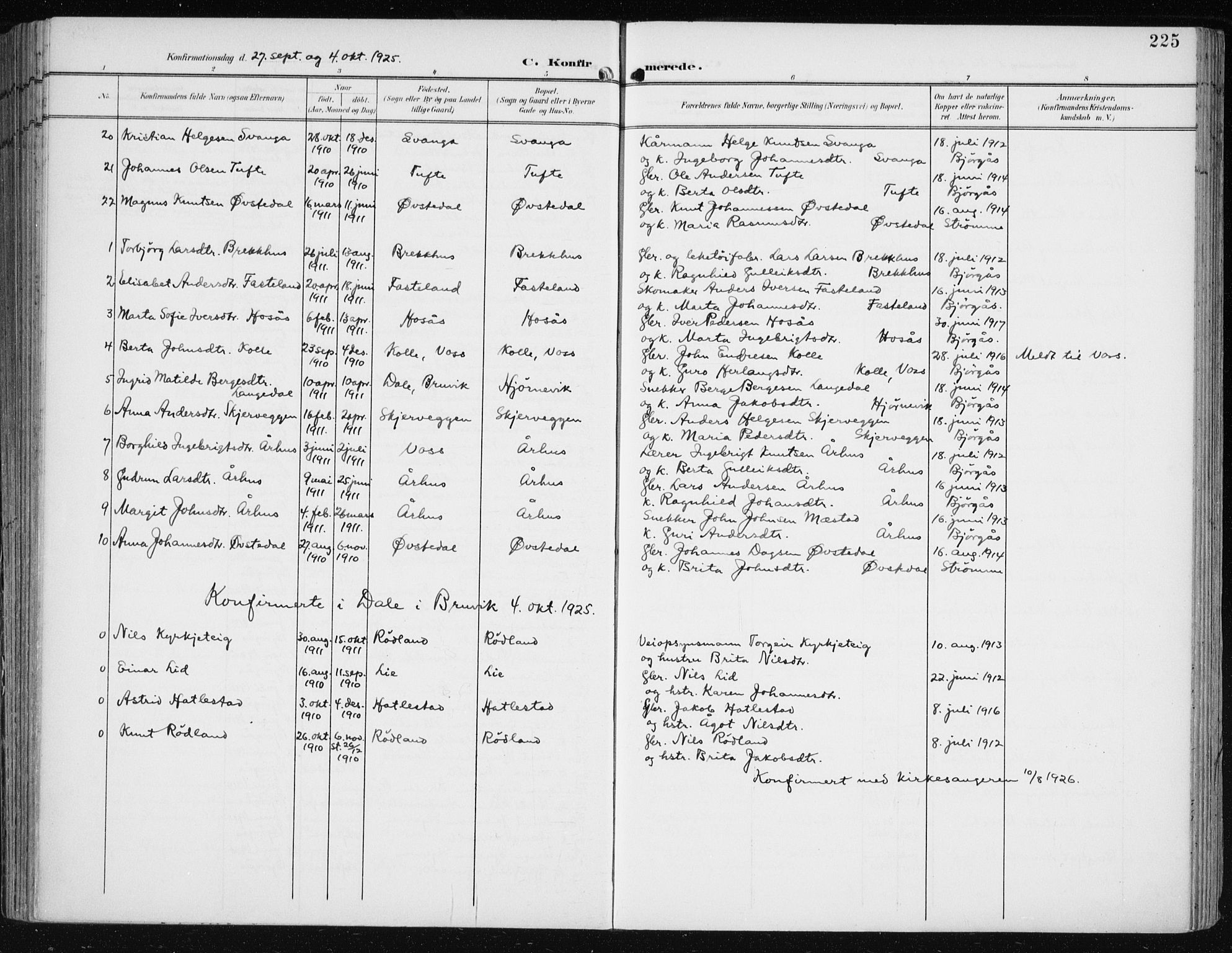 Evanger sokneprestembete, SAB/A-99924: Parish register (official) no. A  3, 1900-1930, p. 225