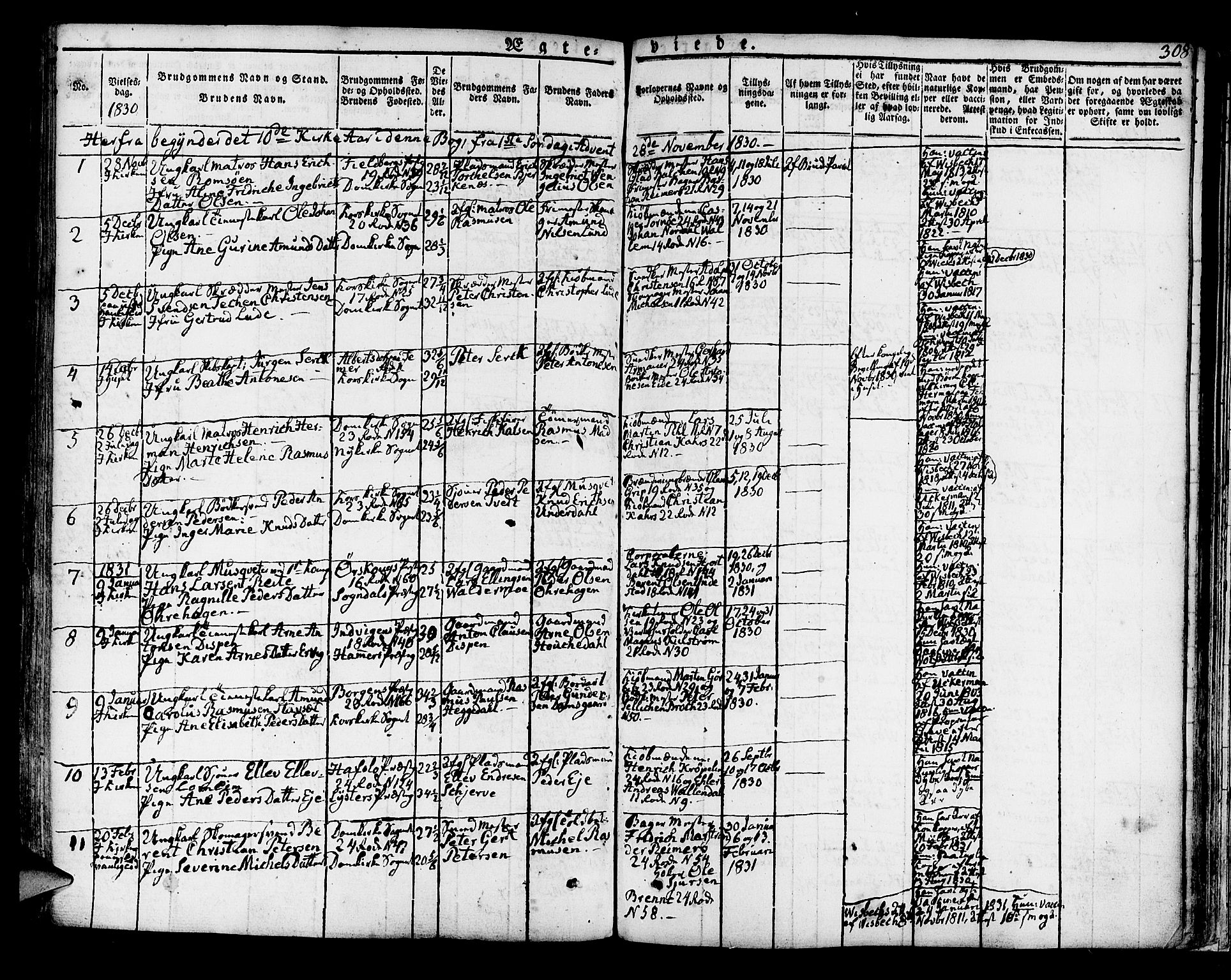 Korskirken sokneprestembete, AV/SAB-A-76101/H/Hab: Parish register (copy) no. A 3, 1821-1831, p. 308