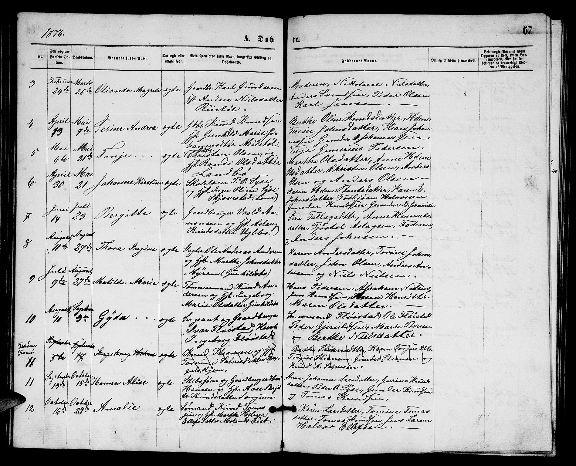 Austre Moland sokneprestkontor, SAK/1111-0001/F/Fb/Fba/L0002: Parish register (copy) no. B 2, 1869-1879, p. 67