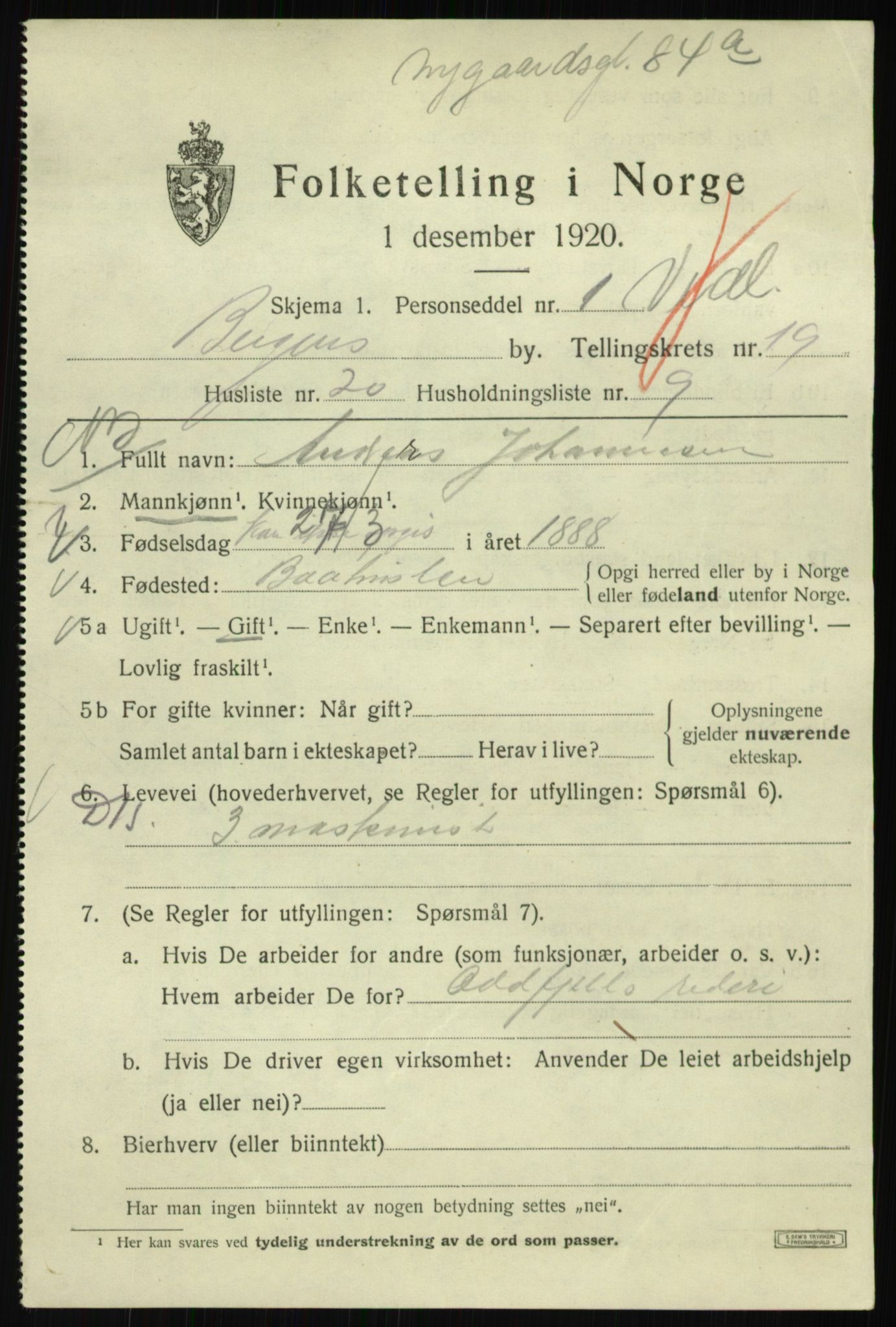 SAB, 1920 census for Bergen, 1920, p. 83314