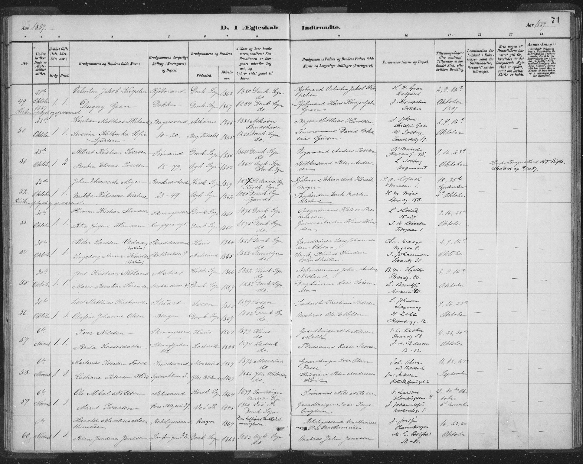 Domkirken sokneprestembete, SAB/A-74801/H/Hab/L0032: Parish register (copy) no. D 4, 1880-1907, p. 71