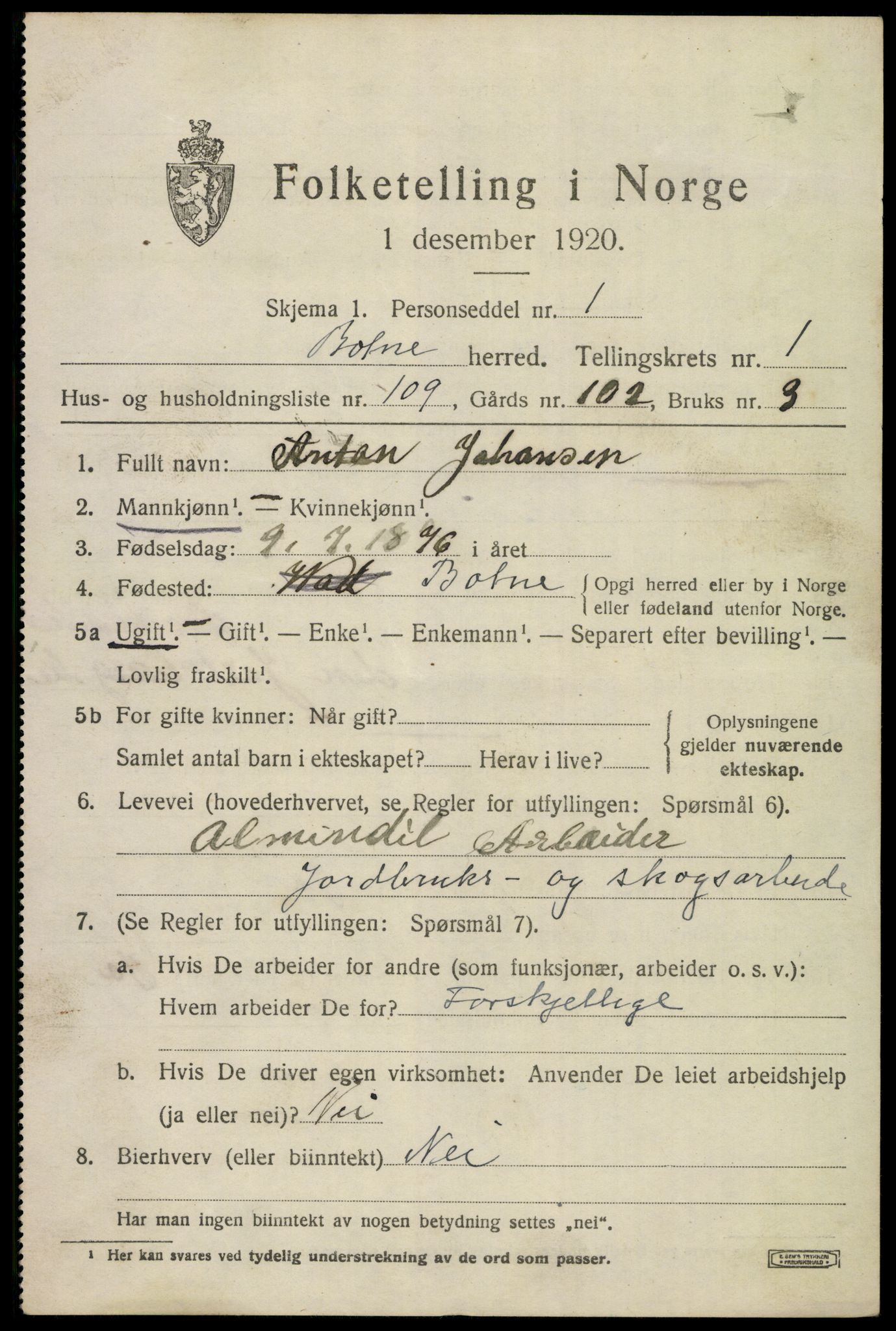 SAKO, 1920 census for Botne, 1920, p. 2121