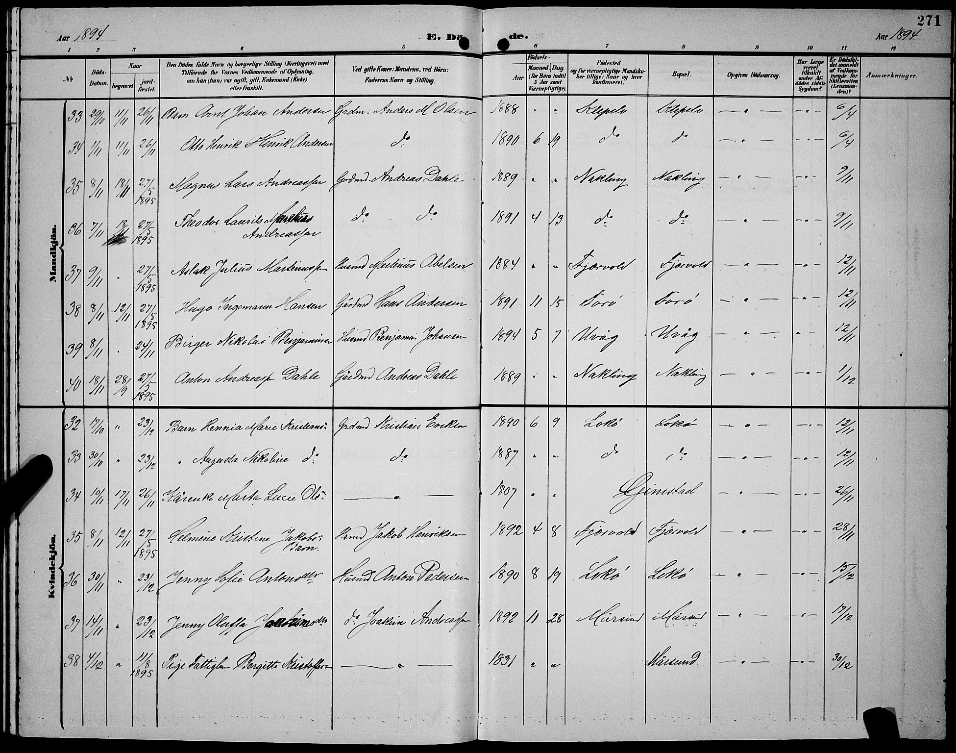 Ministerialprotokoller, klokkerbøker og fødselsregistre - Nordland, AV/SAT-A-1459/891/L1316: Parish register (copy) no. 891C05, 1894-1898, p. 271