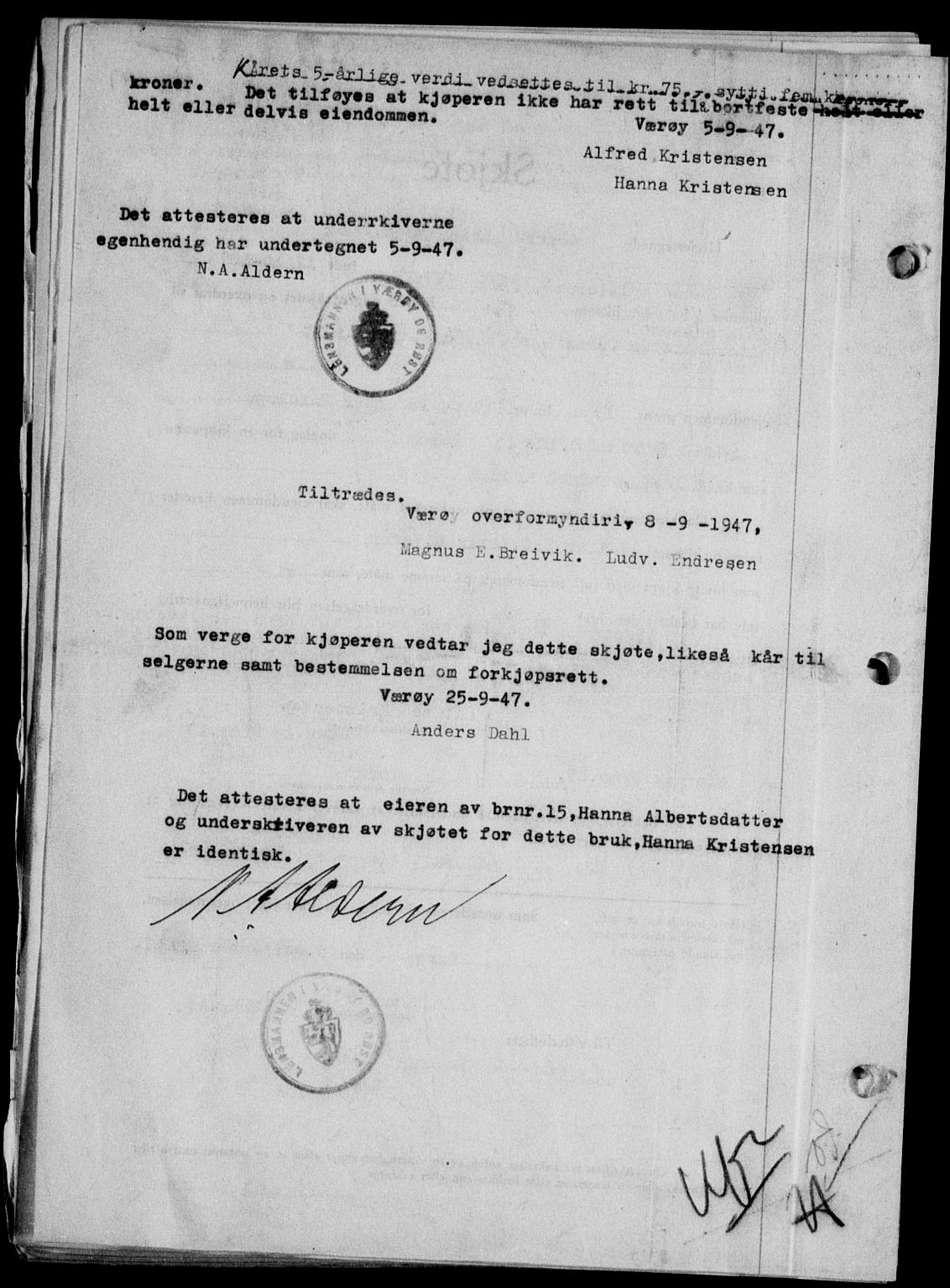 Lofoten sorenskriveri, SAT/A-0017/1/2/2C/L0016a: Mortgage book no. 16a, 1947-1947, Diary no: : 1615/1947