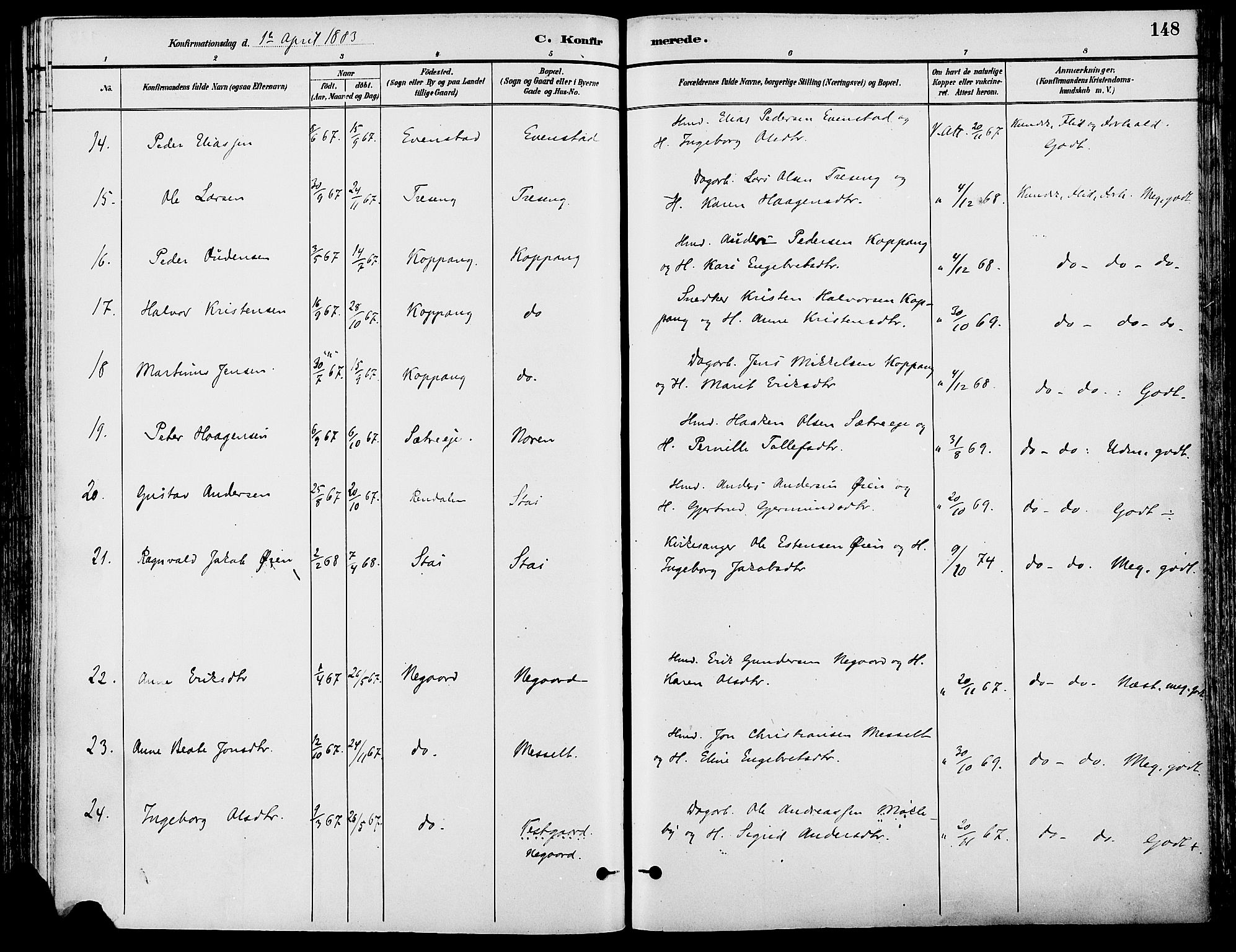Stor-Elvdal prestekontor, SAH/PREST-052/H/Ha/Haa/L0002: Parish register (official) no. 2, 1882-1907, p. 148