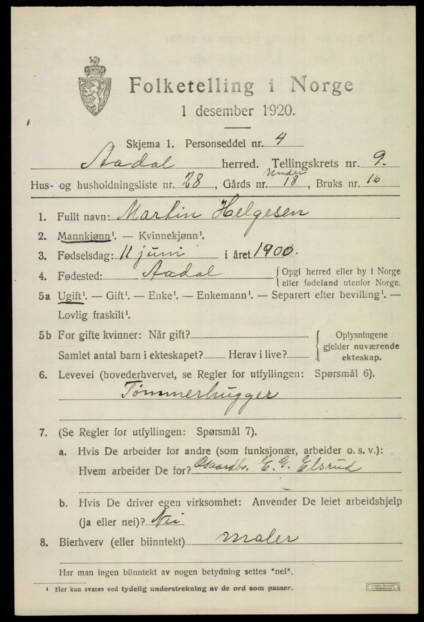 SAKO, 1920 census for Ådal, 1920, p. 6264