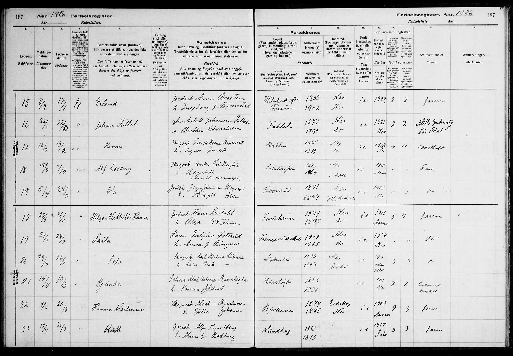 Nes prestekontor Kirkebøker, AV/SAO-A-10410/J/Ja/L0001: Birth register no. 1, 1916-1926, p. 187