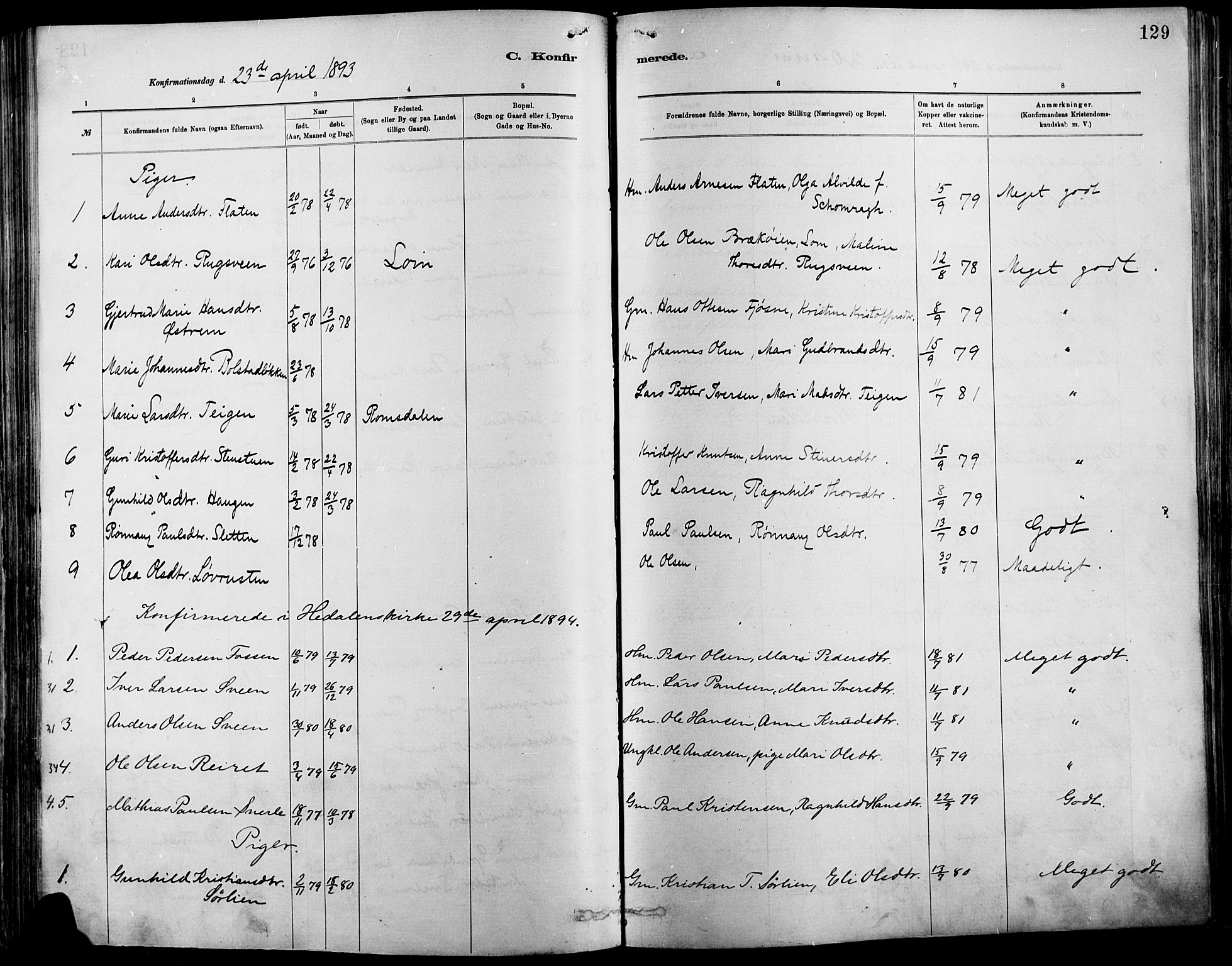 Vågå prestekontor, SAH/PREST-076/H/Ha/Haa/L0009: Parish register (official) no. 9, 1886-1904, p. 129