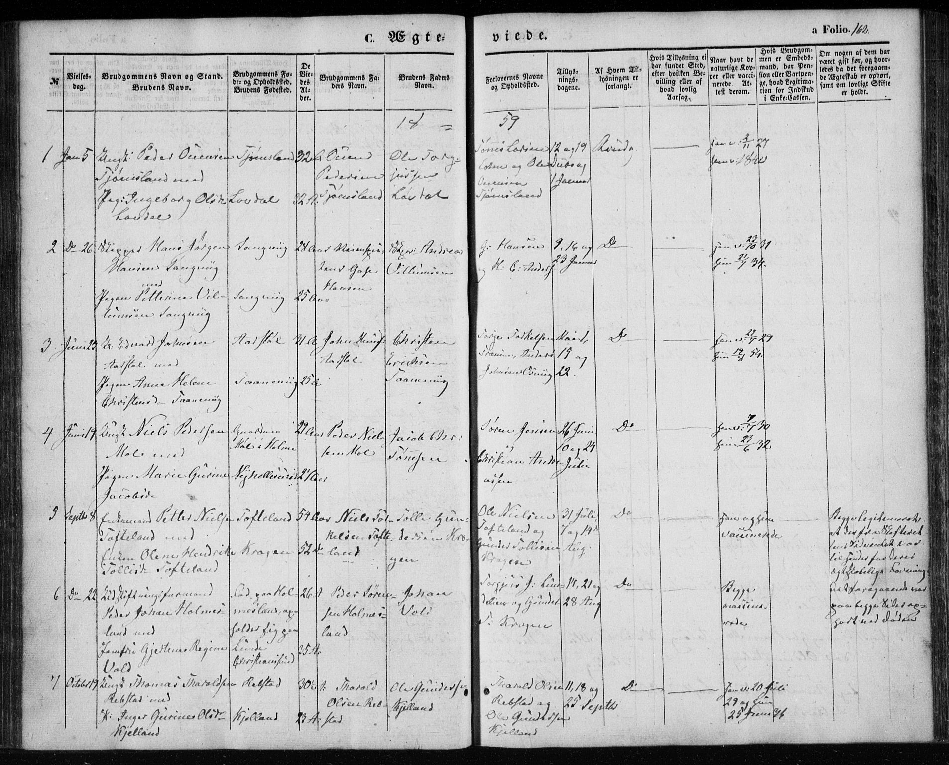Søgne sokneprestkontor, AV/SAK-1111-0037/F/Fa/Fab/L0010: Parish register (official) no. A 10, 1853-1869, p. 162