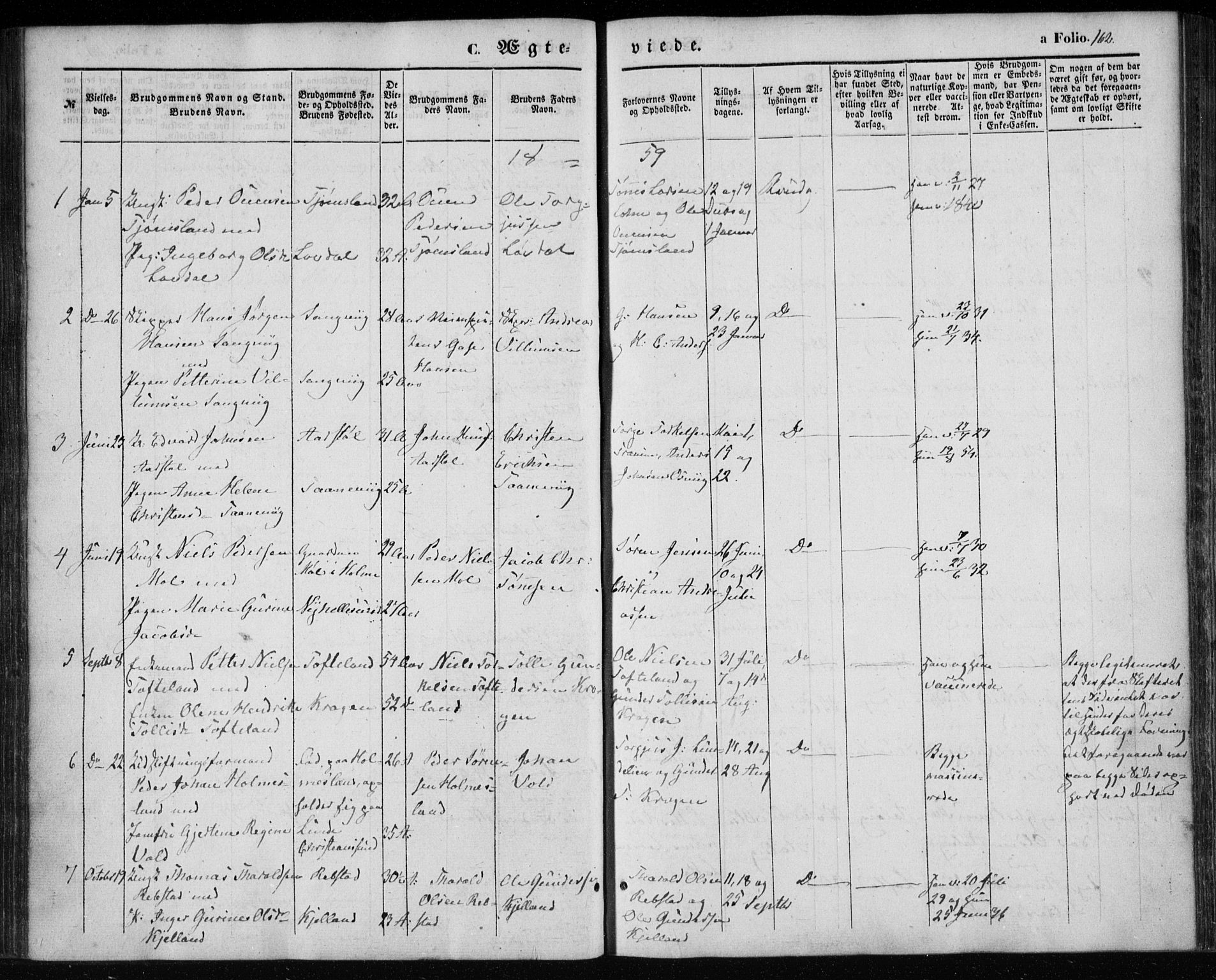 Søgne sokneprestkontor, SAK/1111-0037/F/Fa/Fab/L0010: Parish register (official) no. A 10, 1853-1869, p. 162