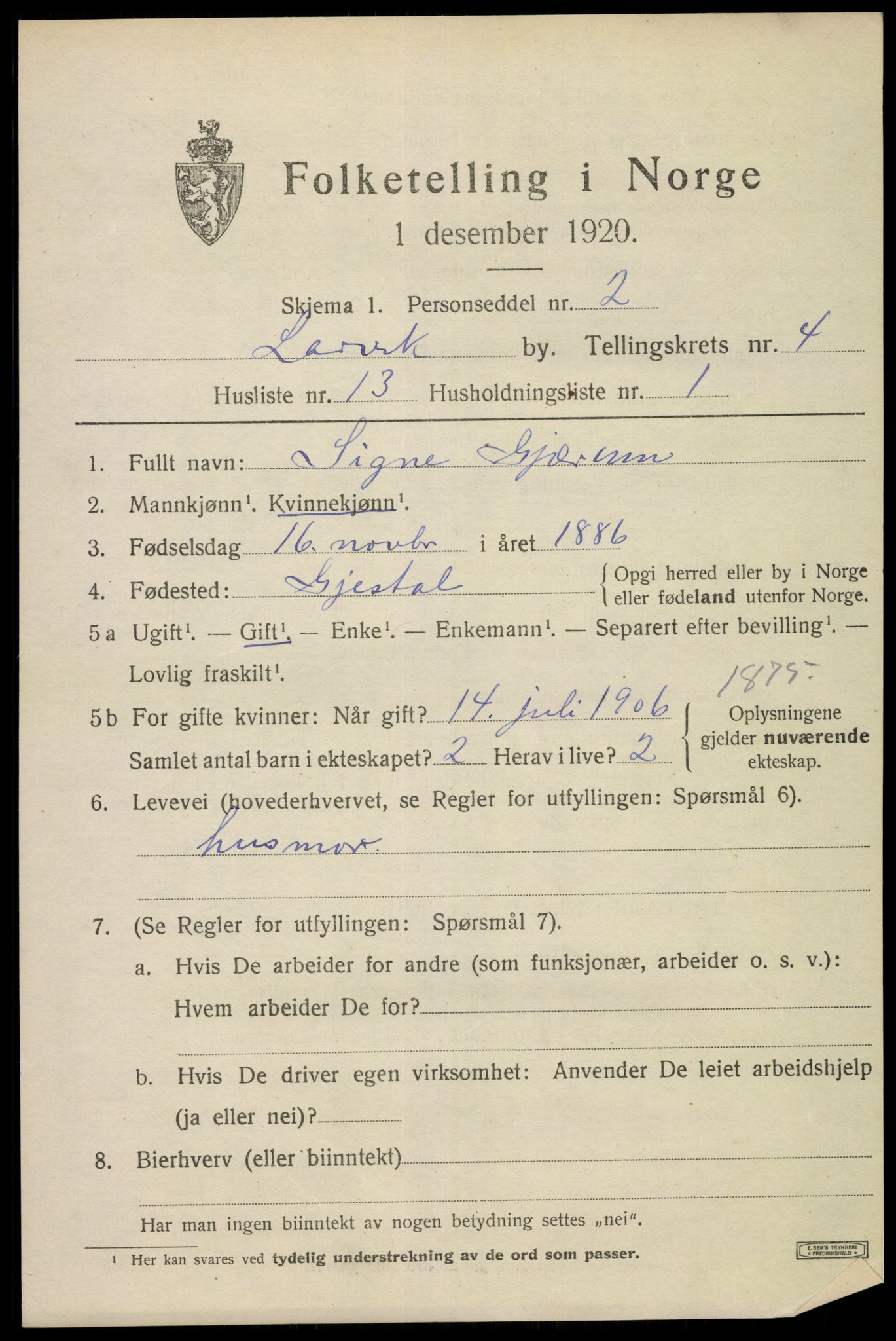 SAKO, 1920 census for Larvik, 1920, p. 13640