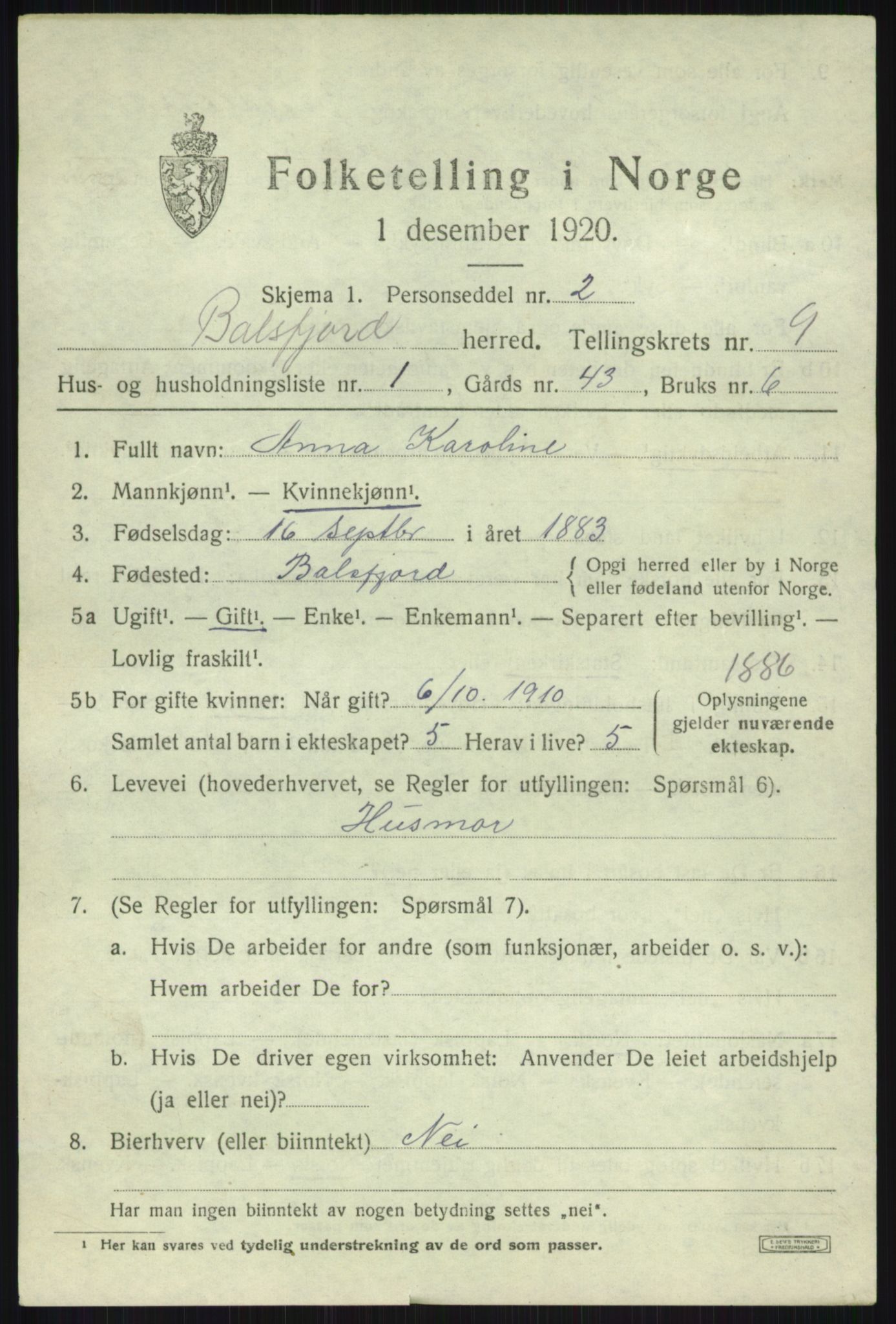 SATØ, 1920 census for Balsfjord, 1920, p. 5042