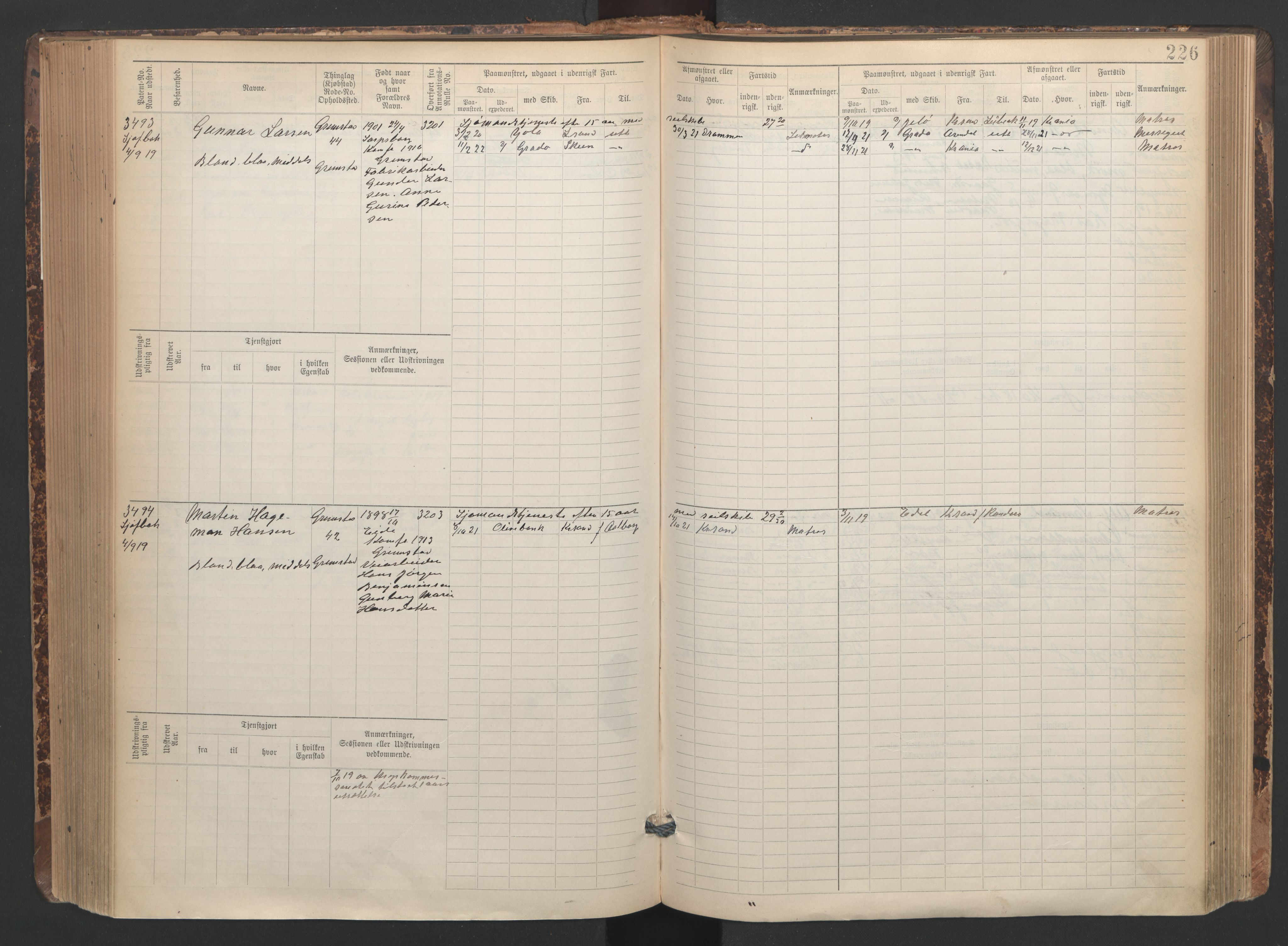 Grimstad mønstringskrets, SAK/2031-0013/F/Fb/L0005: Hovedrulle A nr 3043-3804, F-8, 1900-1948, p. 229