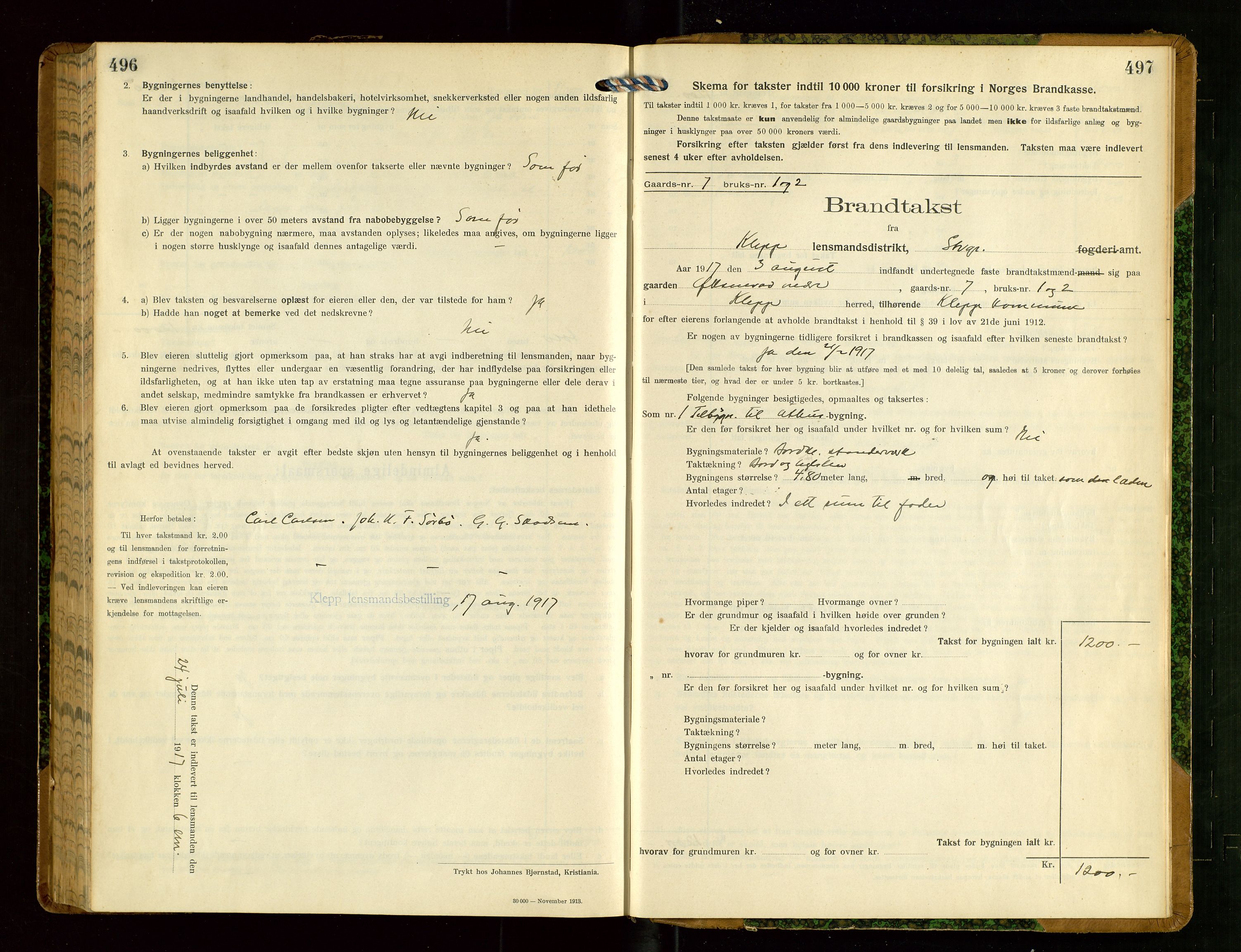 Klepp lensmannskontor, SAST/A-100163/Goc/L0008: "Brandtakstprotokol" m/register, 1914-1917, p. 496-497