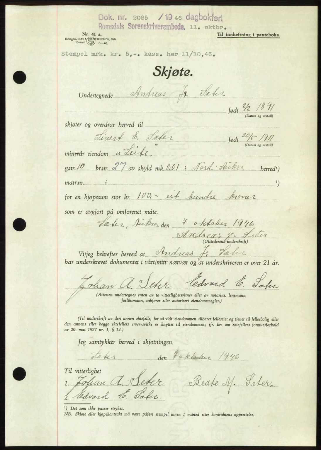 Romsdal sorenskriveri, AV/SAT-A-4149/1/2/2C: Mortgage book no. A21, 1946-1946, Diary no: : 2085/1946