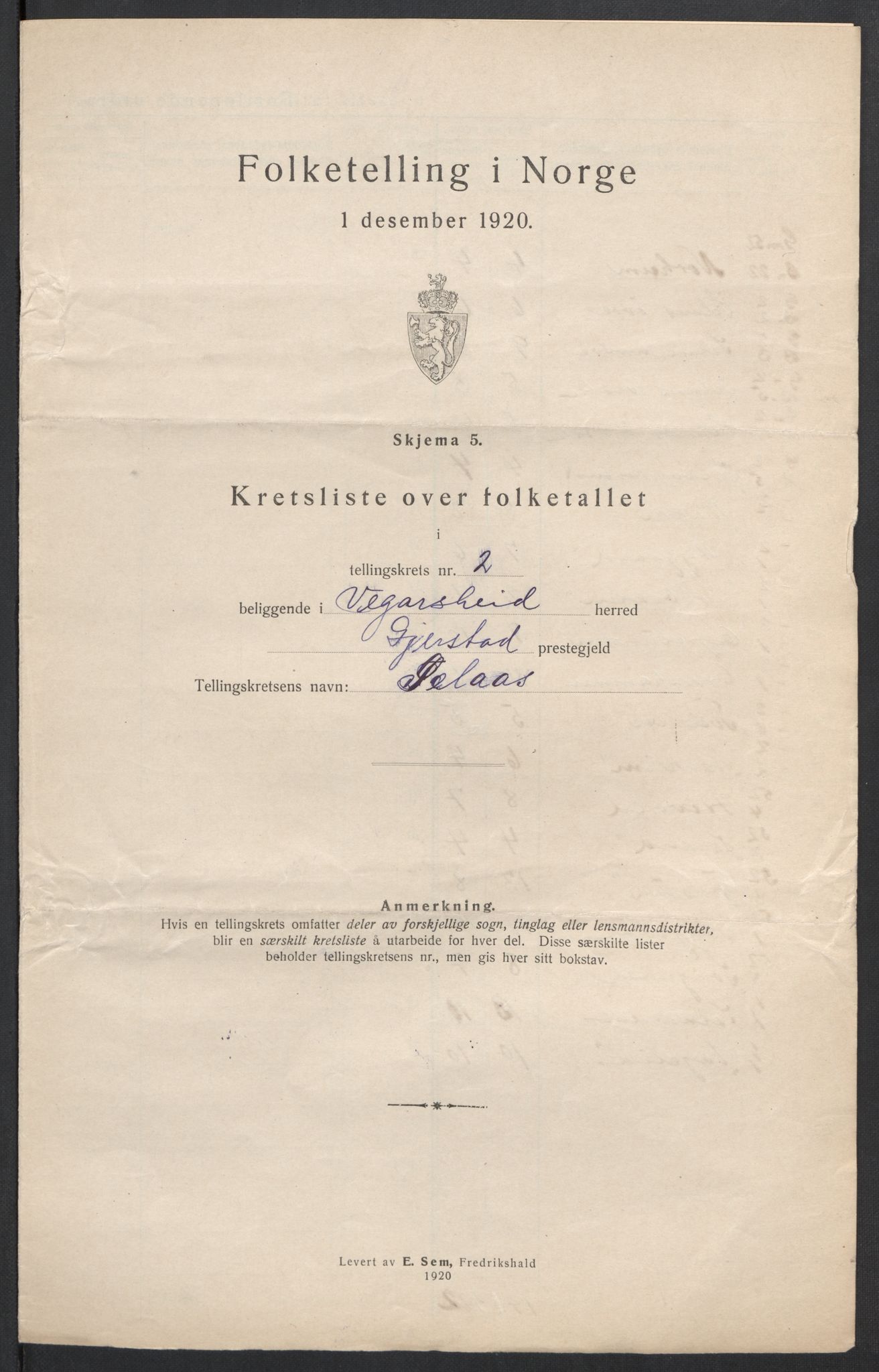 SAK, 1920 census for Vegårshei, 1920, p. 15