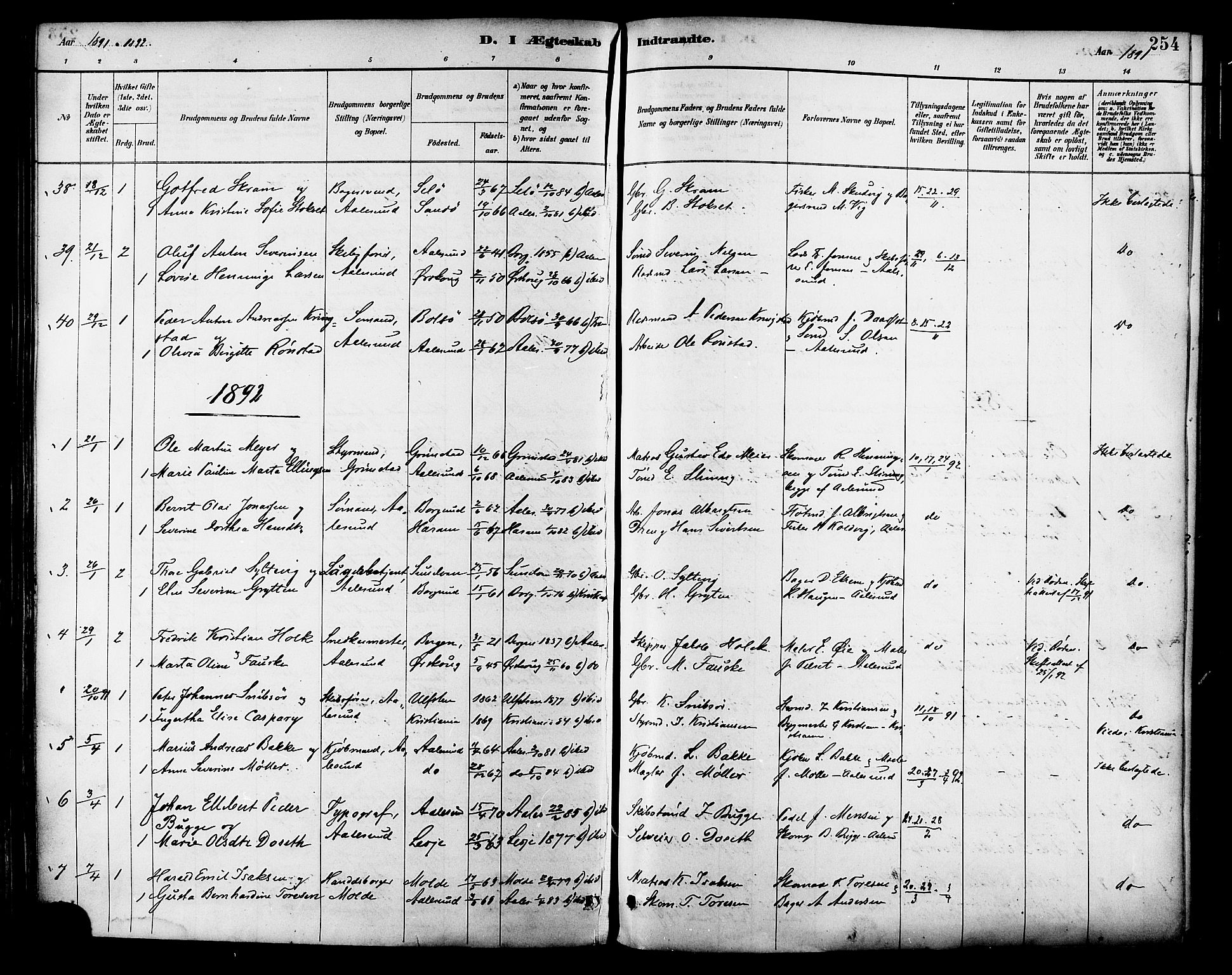 Ministerialprotokoller, klokkerbøker og fødselsregistre - Møre og Romsdal, SAT/A-1454/529/L0455: Parish register (official) no. 529A05, 1885-1893, p. 254