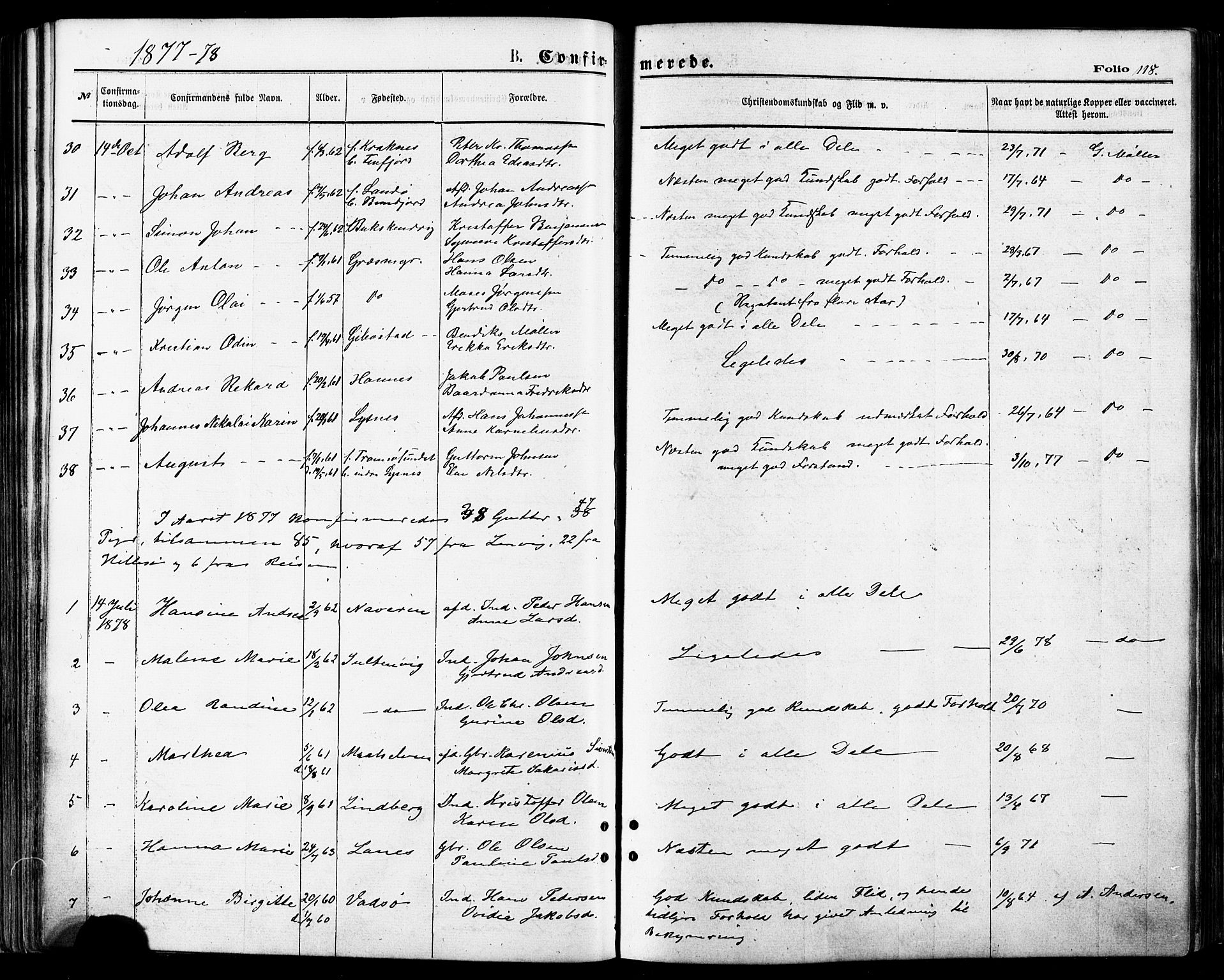 Lenvik sokneprestembete, SATØ/S-1310/H/Ha/Haa/L0010kirke: Parish register (official) no. 10, 1873-1880, p. 118