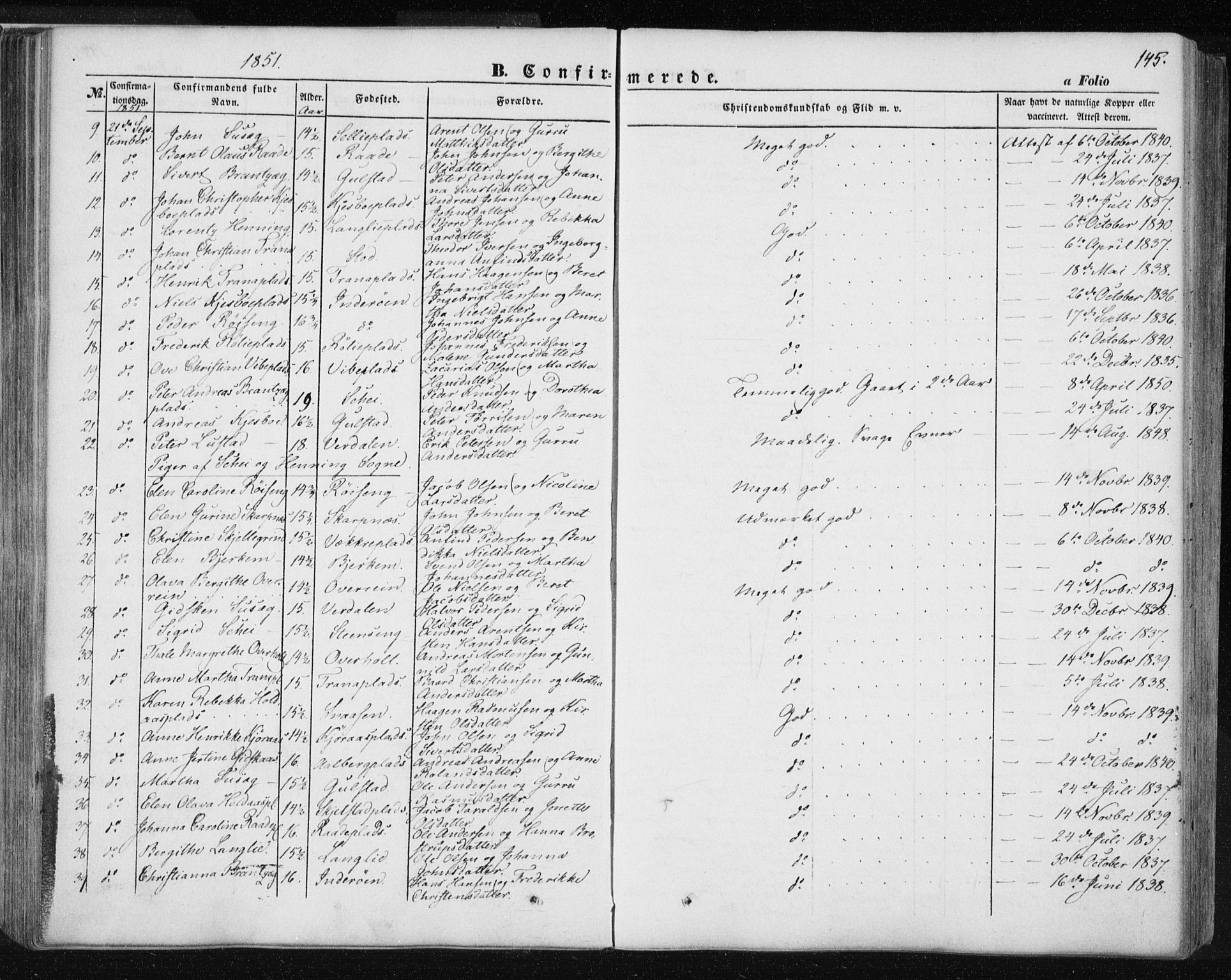 Ministerialprotokoller, klokkerbøker og fødselsregistre - Nord-Trøndelag, AV/SAT-A-1458/735/L0342: Parish register (official) no. 735A07 /1, 1849-1862, p. 145