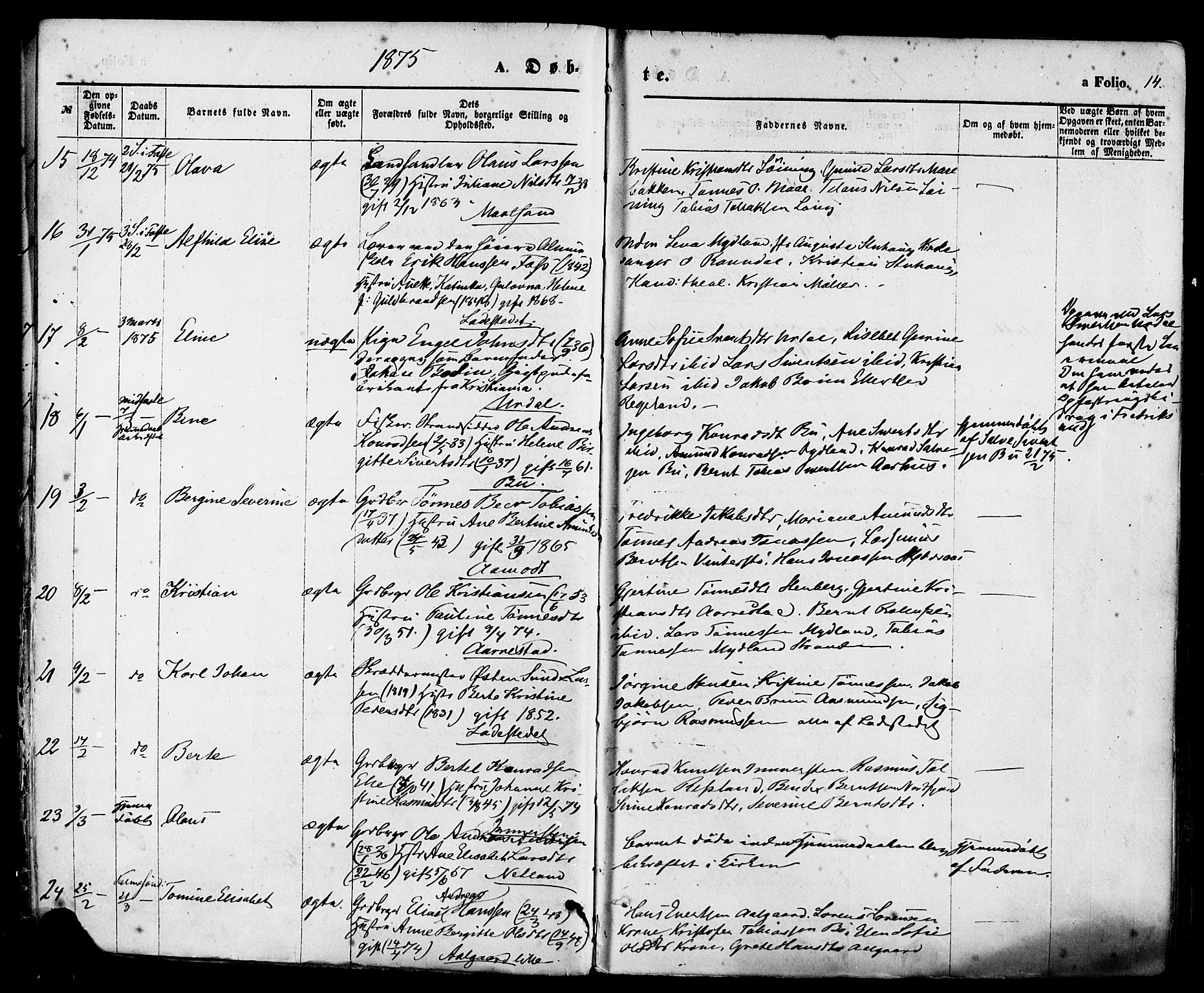 Sokndal sokneprestkontor, AV/SAST-A-101808: Parish register (official) no. A 10, 1874-1886, p. 14