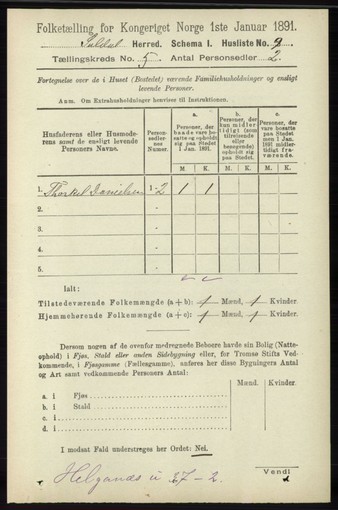 RA, 1891 census for 1134 Suldal, 1891, p. 1452